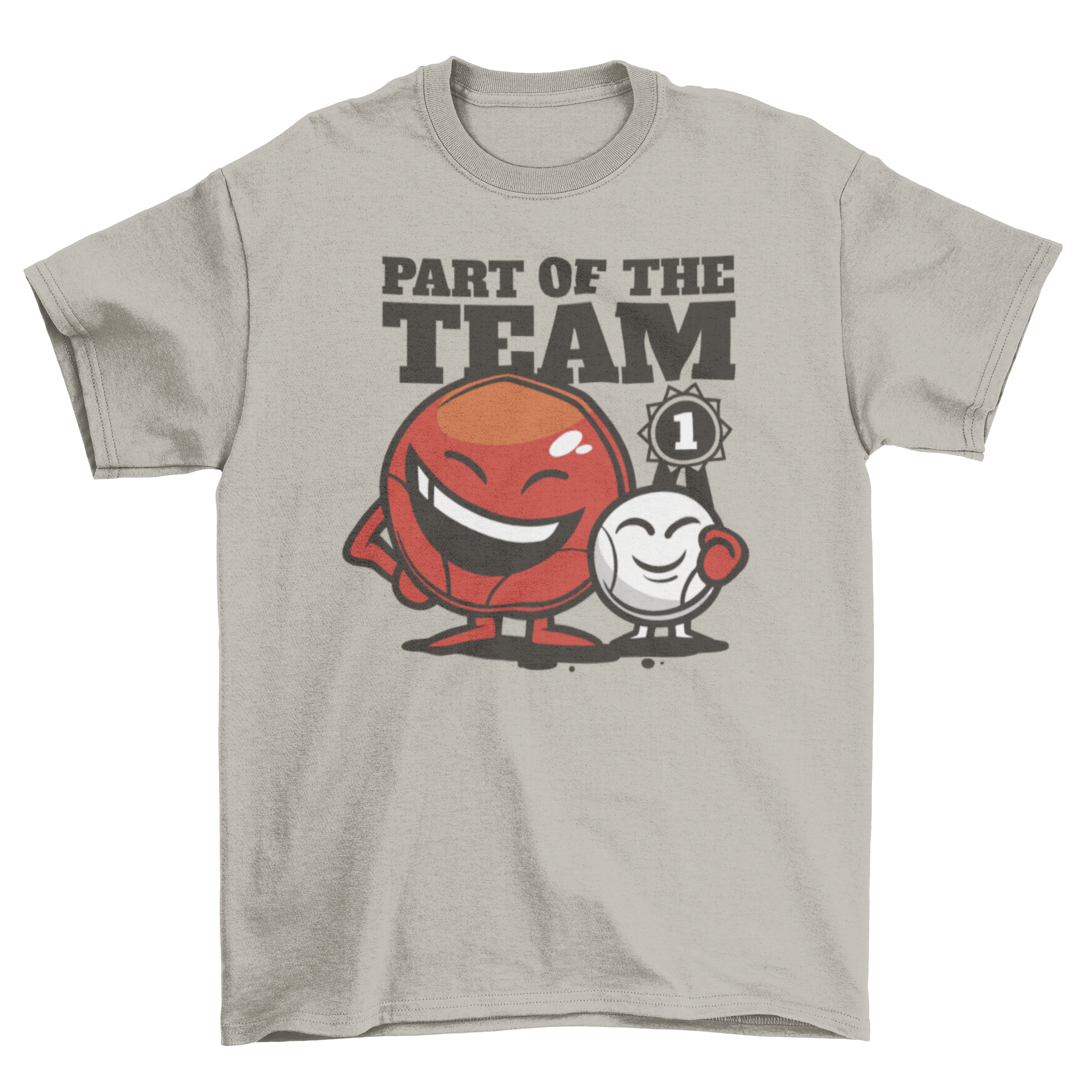 A stylish t-shirt featuring smiling petanque balls and the quote 'Part of the team', perfect for petanque enthusiasts.