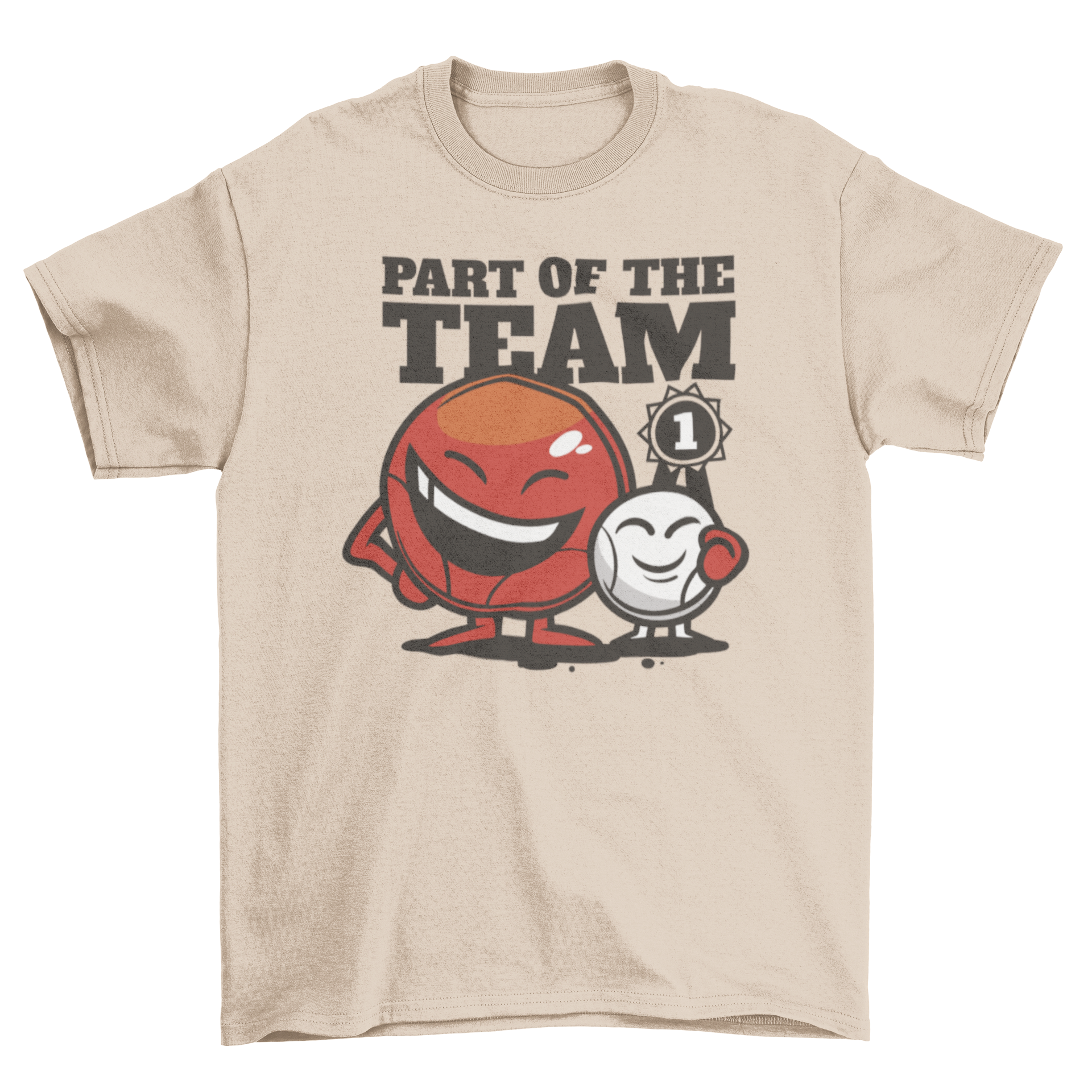 A stylish t-shirt featuring smiling petanque balls and the quote 'Part of the team', perfect for petanque enthusiasts.