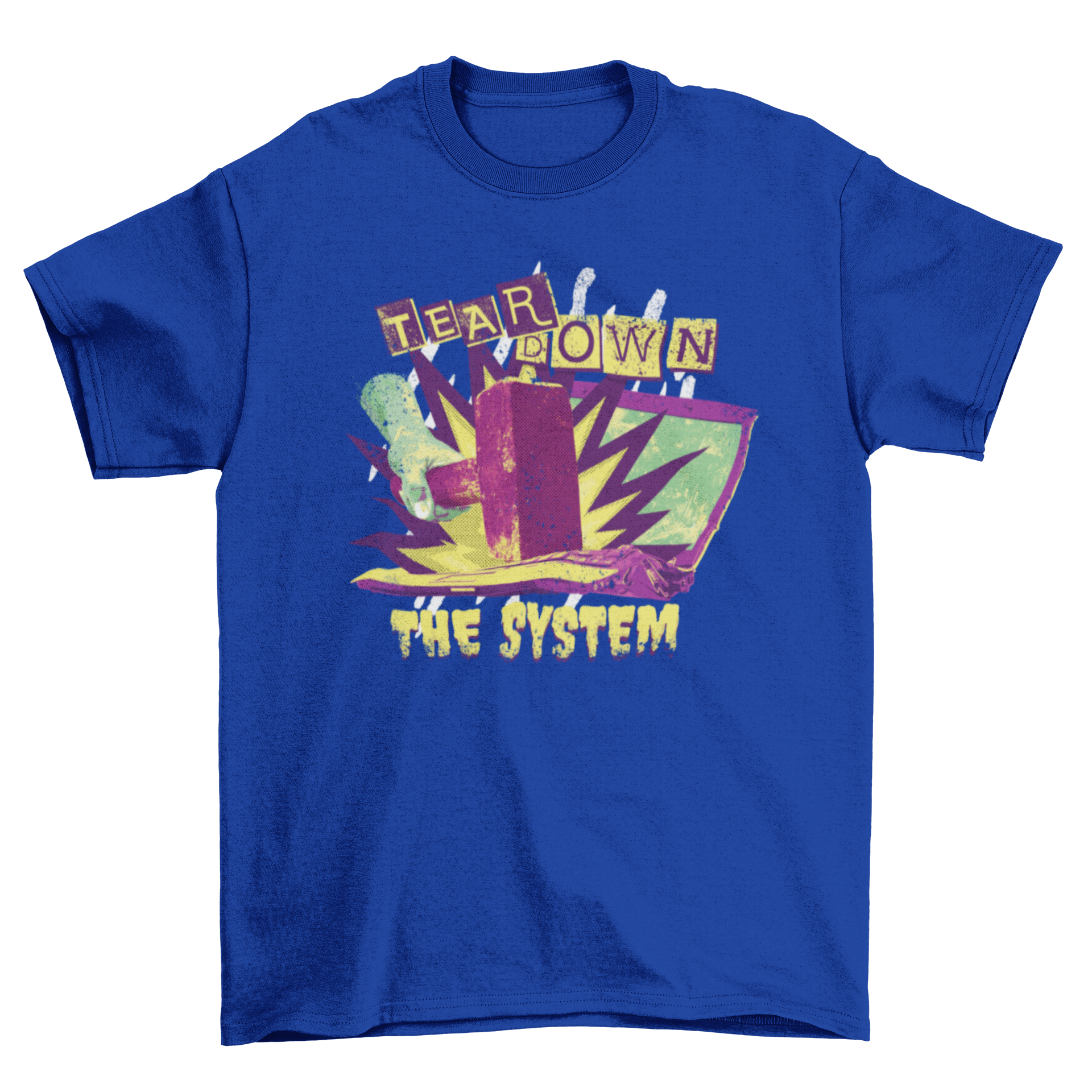 Tear Down the System t-shirt featuring a hammer graphic and bold quote.