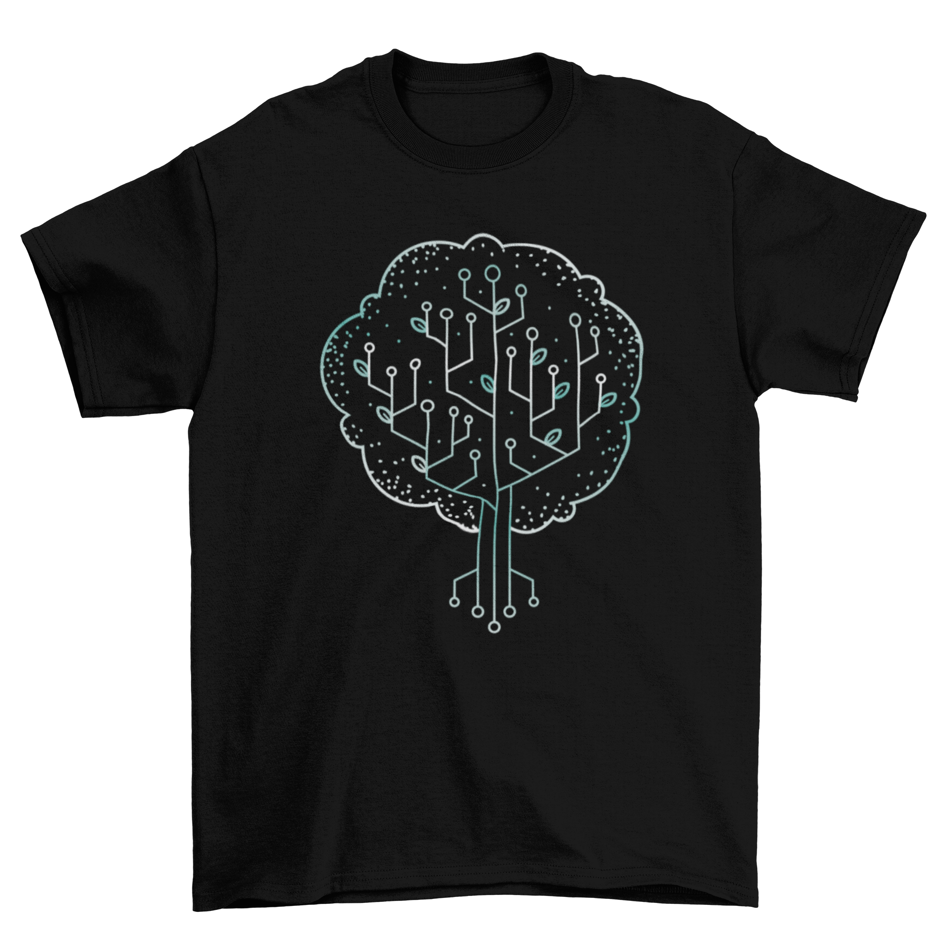 A stylish t-shirt featuring a tree design integrated with technological parts, symbolizing nature and innovation.