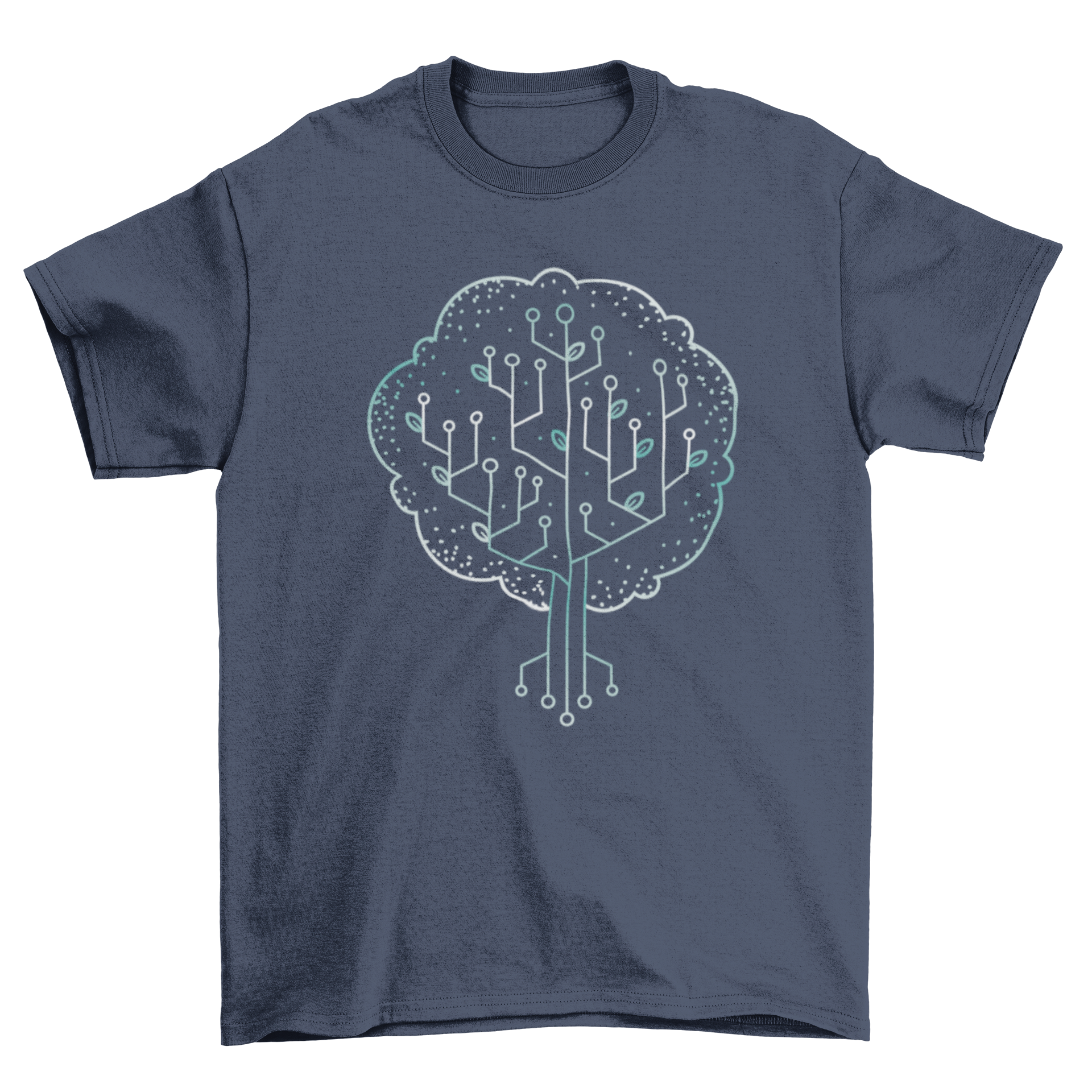 A stylish t-shirt featuring a tree design integrated with technological parts, symbolizing nature and innovation.