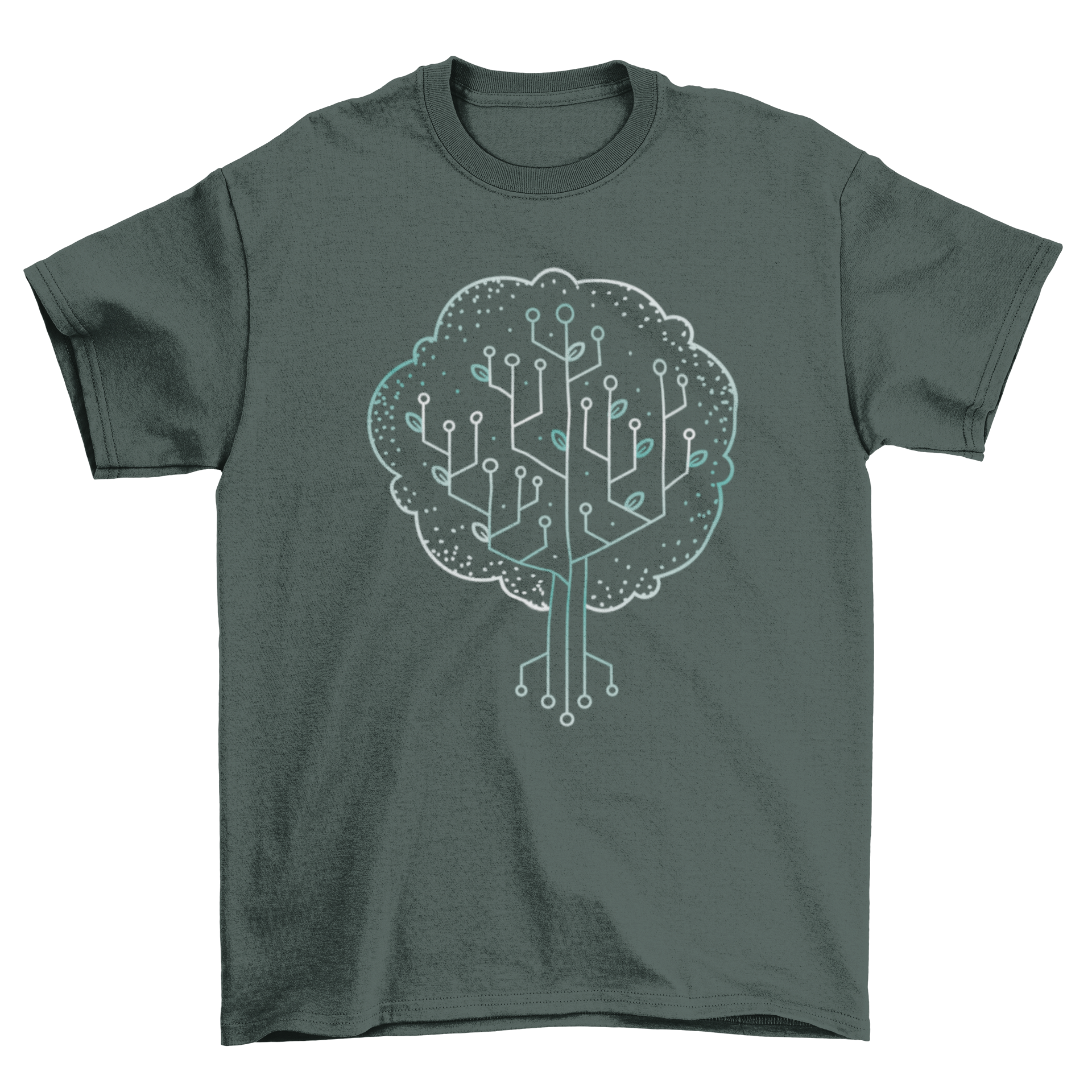 A stylish t-shirt featuring a tree design integrated with technological parts, symbolizing nature and innovation.