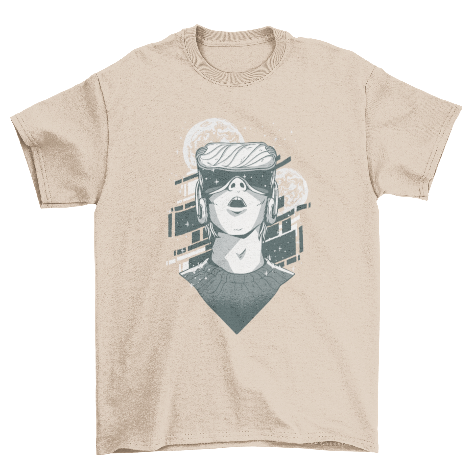 Futuristic VR headset T-shirt featuring a person using VR technology with space elements in the background.