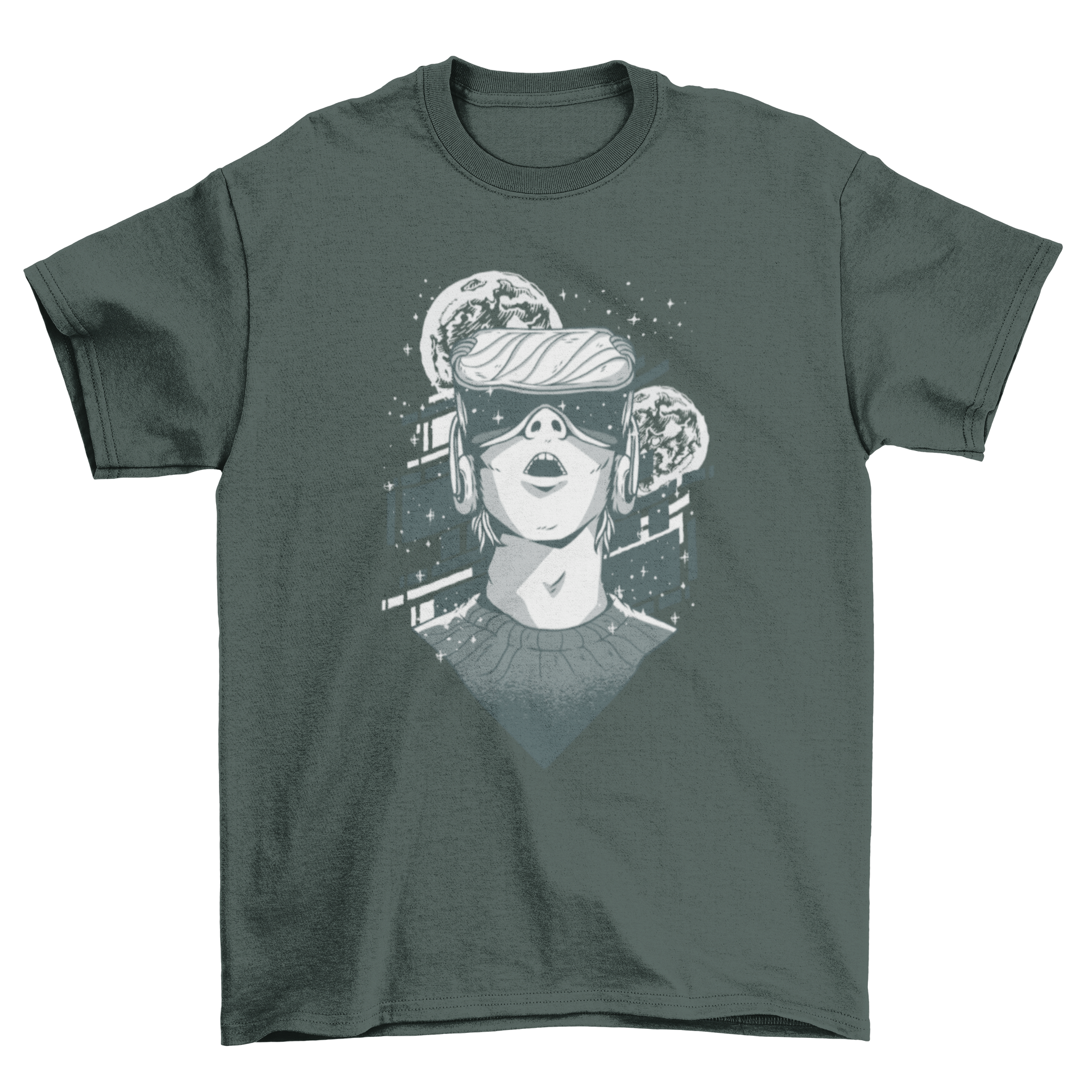 Futuristic VR headset T-shirt featuring a person using VR technology with space elements in the background.