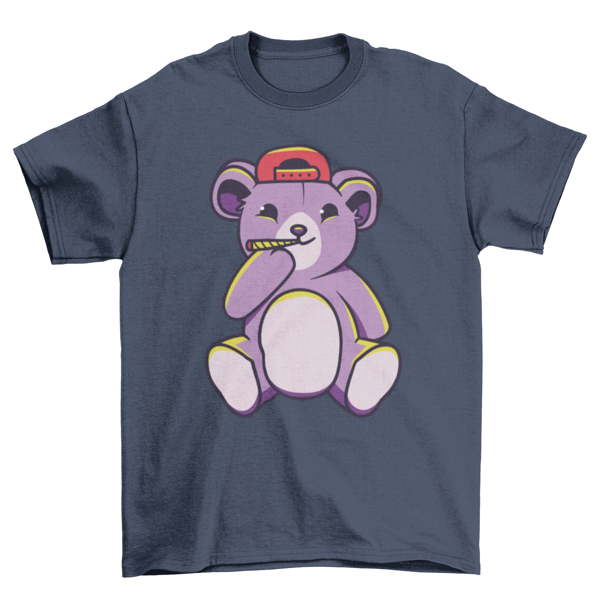 A trendy t-shirt featuring a playful illustration of a teddy bear smoking a joint, showcasing a unique and humorous design.