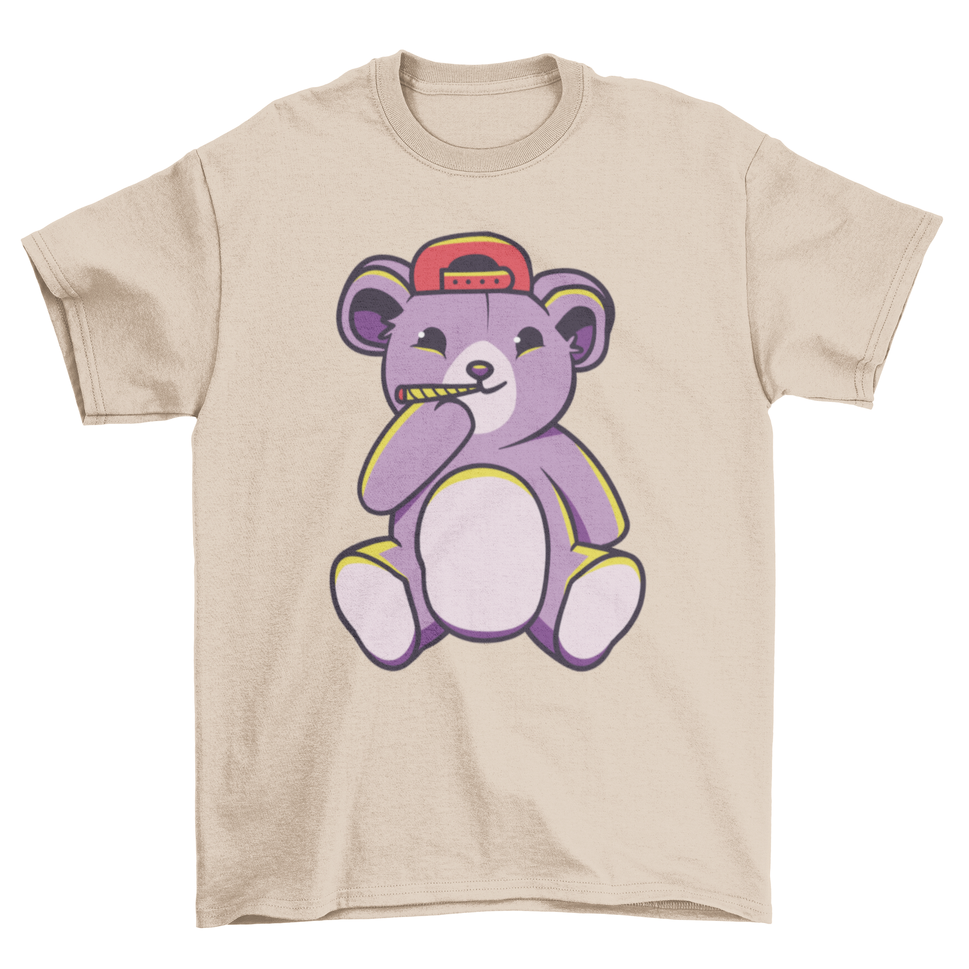 A trendy t-shirt featuring a playful illustration of a teddy bear smoking a joint, showcasing a unique and humorous design.