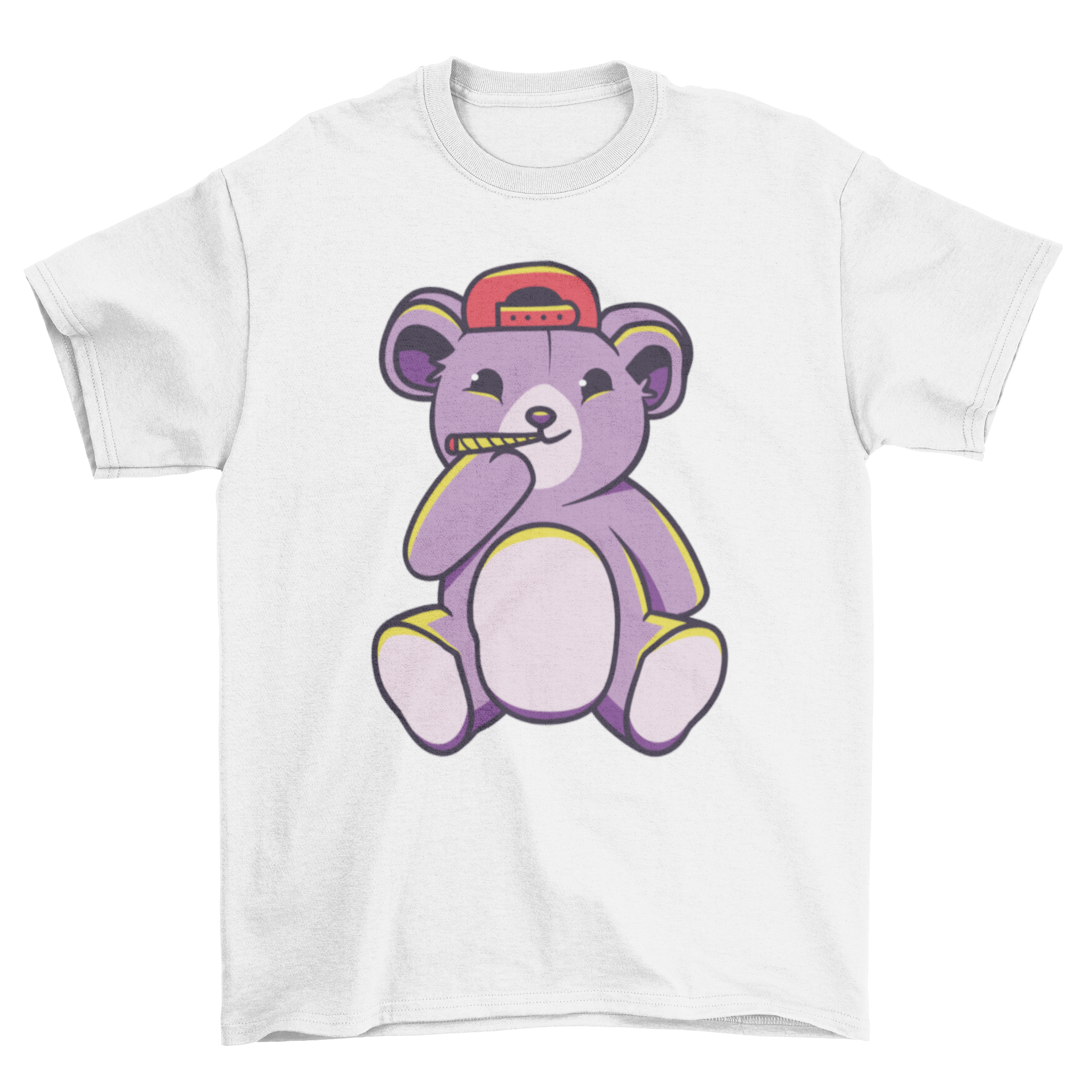 A trendy t-shirt featuring a playful illustration of a teddy bear smoking a joint, showcasing a unique and humorous design.