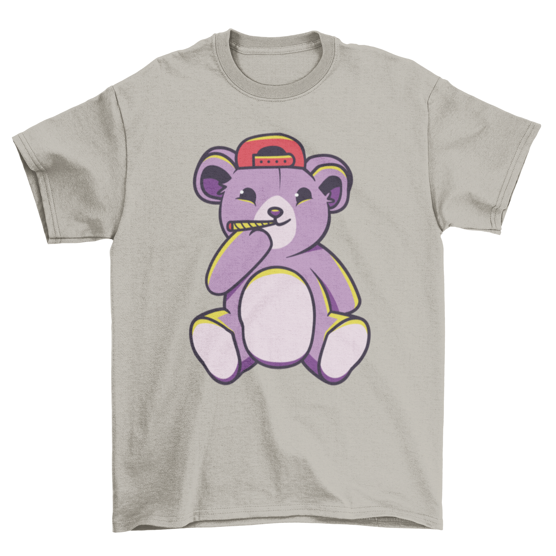 A trendy t-shirt featuring a playful illustration of a teddy bear smoking a joint, showcasing a unique and humorous design.