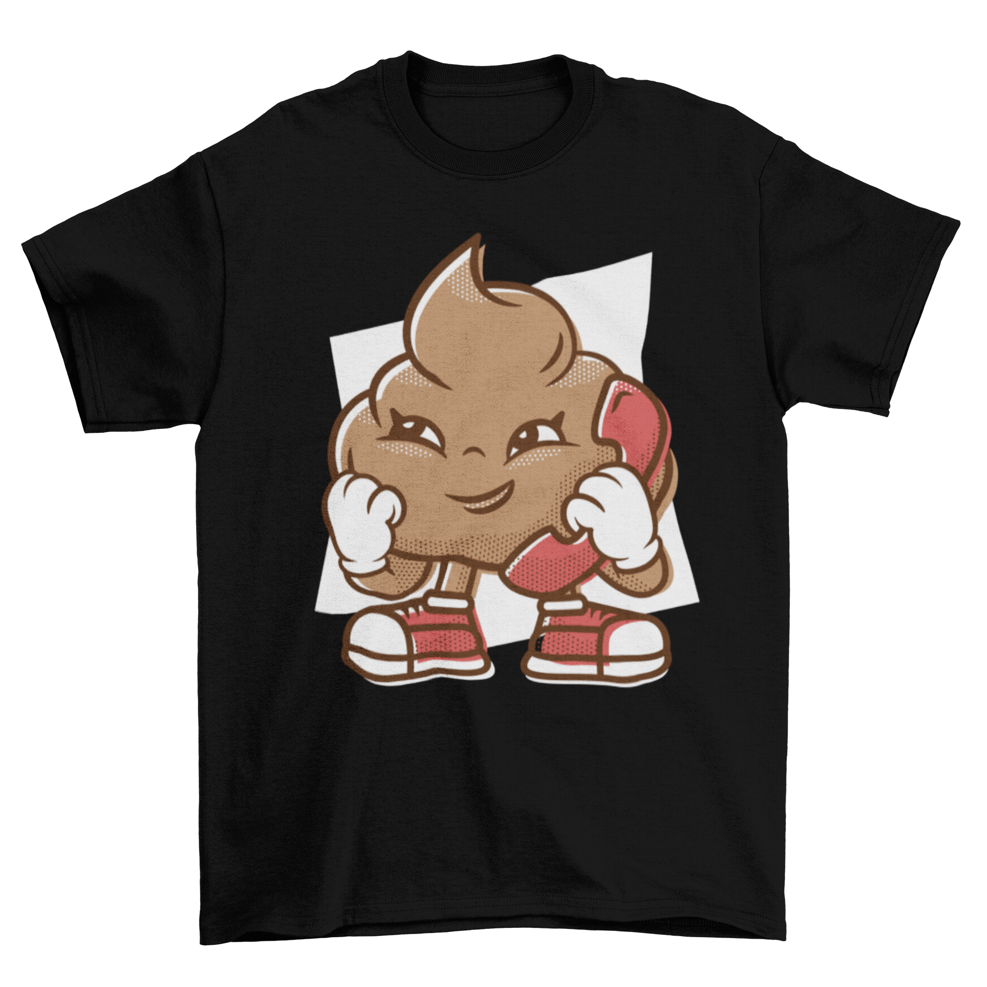 A humorous Telephone Poop T-shirt featuring a cartoon poop character talking on the phone, showcasing a fun and playful design.