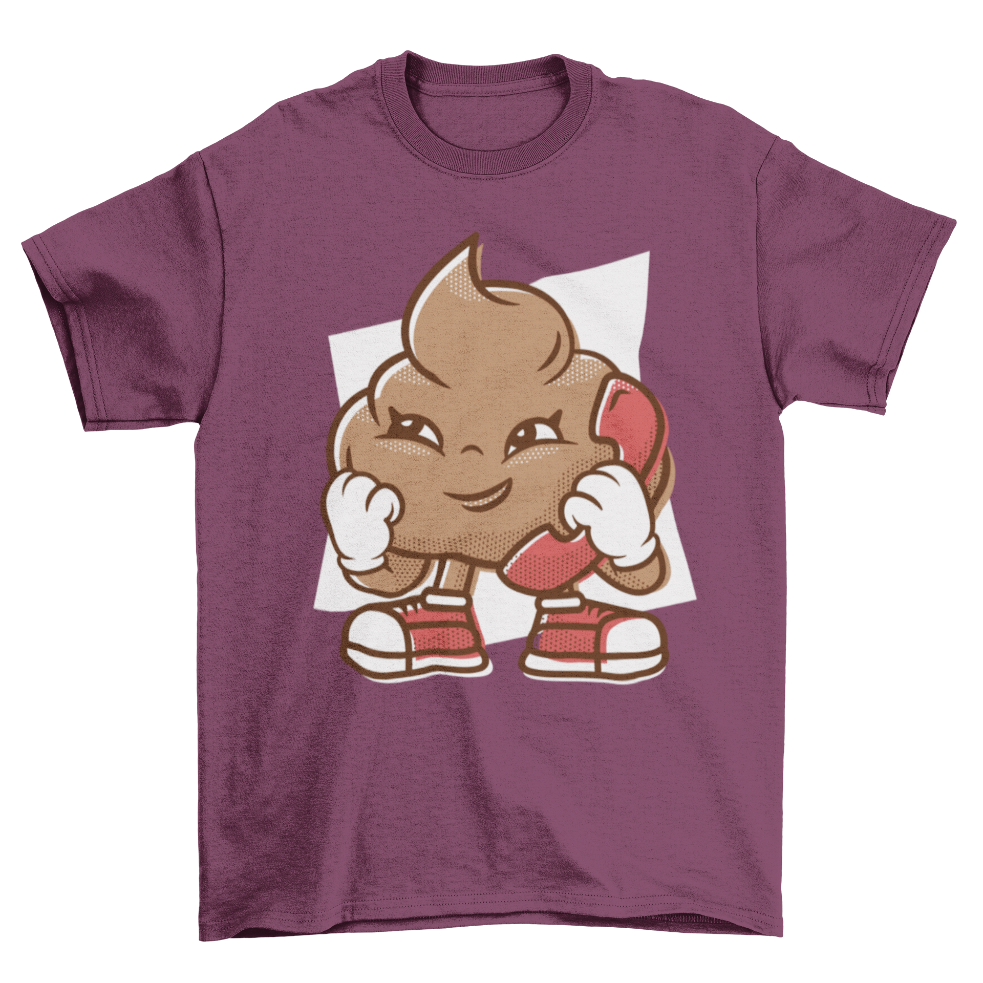 A humorous Telephone Poop T-shirt featuring a cartoon poop character talking on the phone, showcasing a fun and playful design.