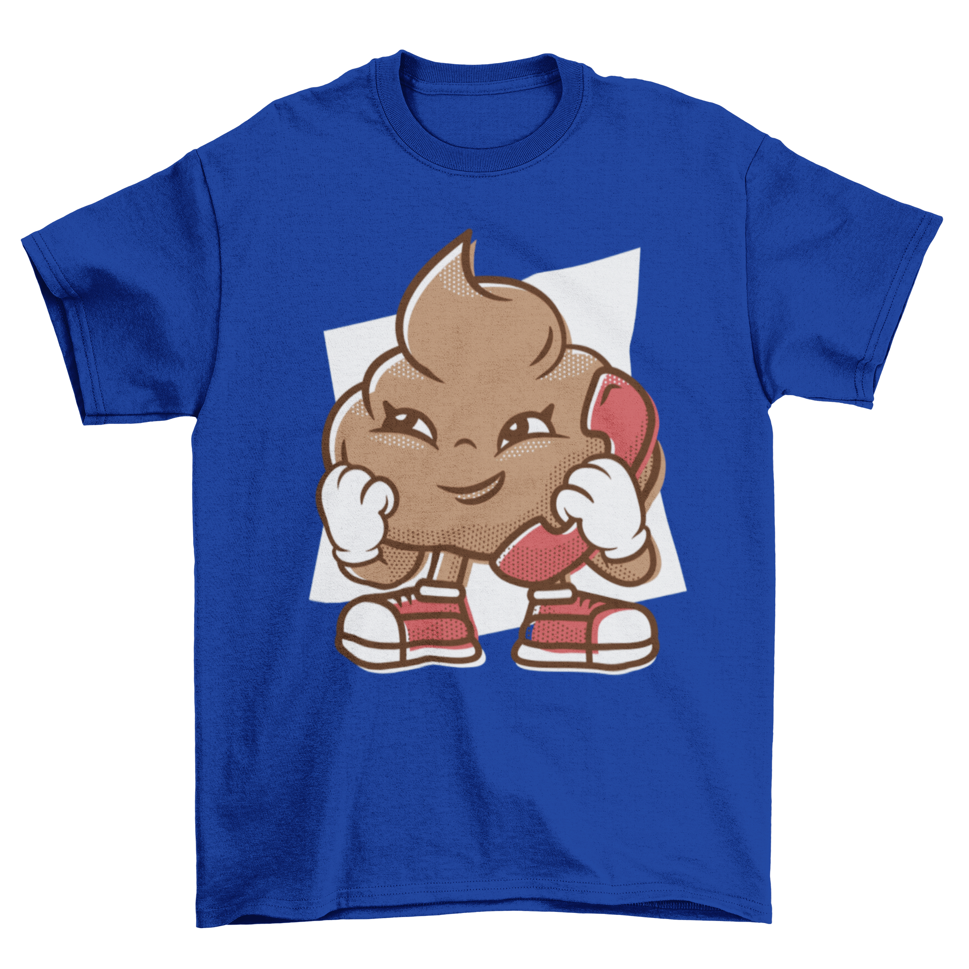 A humorous Telephone Poop T-shirt featuring a cartoon poop character talking on the phone, showcasing a fun and playful design.