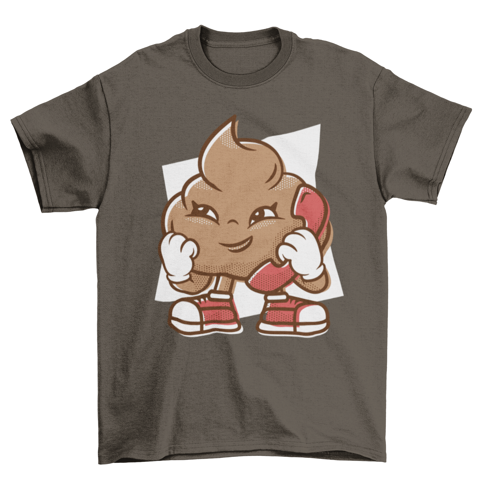 A humorous Telephone Poop T-shirt featuring a cartoon poop character talking on the phone, showcasing a fun and playful design.