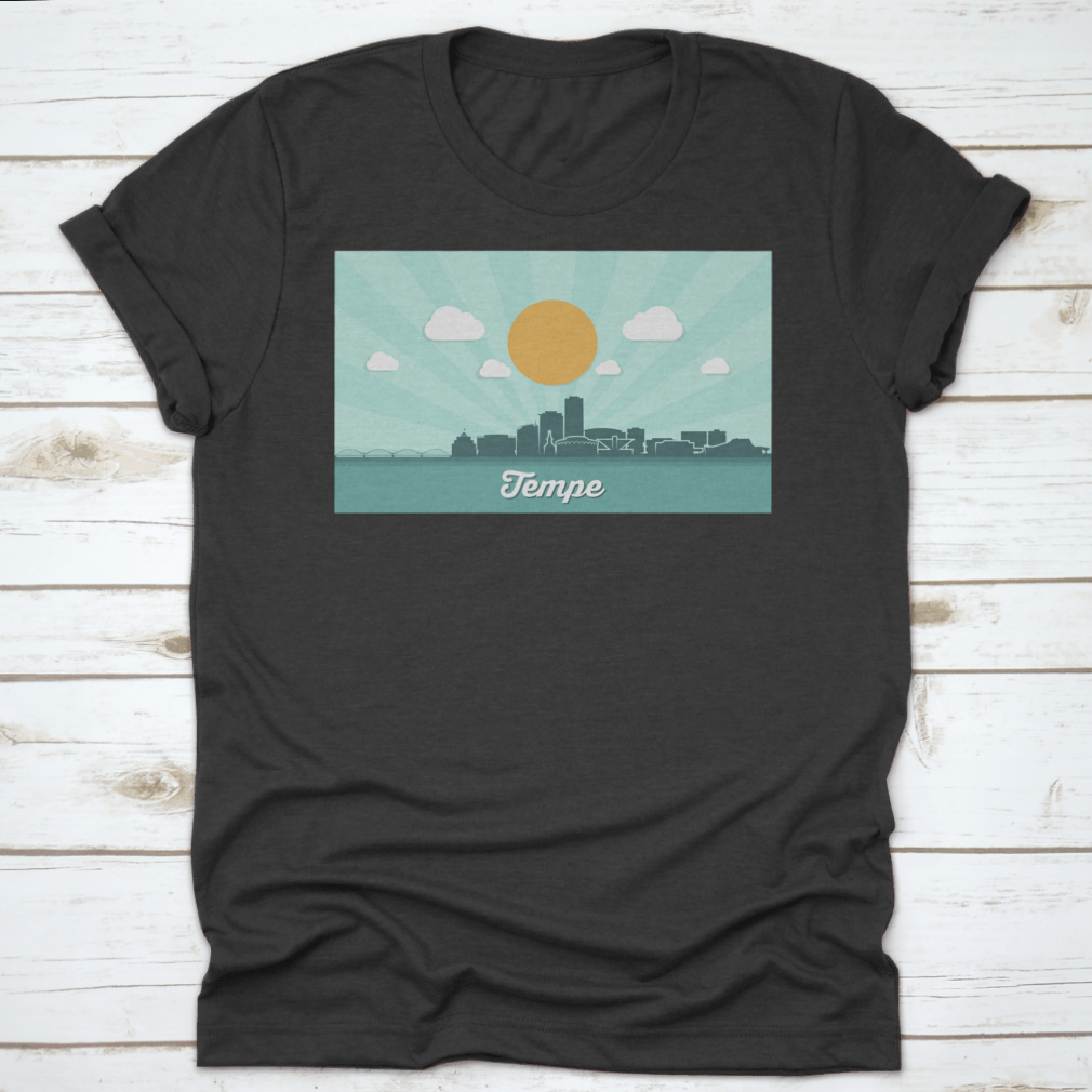 Tempe Skyline t-shirt featuring a classic fit, made from 100% cotton, showcasing the vibrant downtown of Tempe, Arizona.