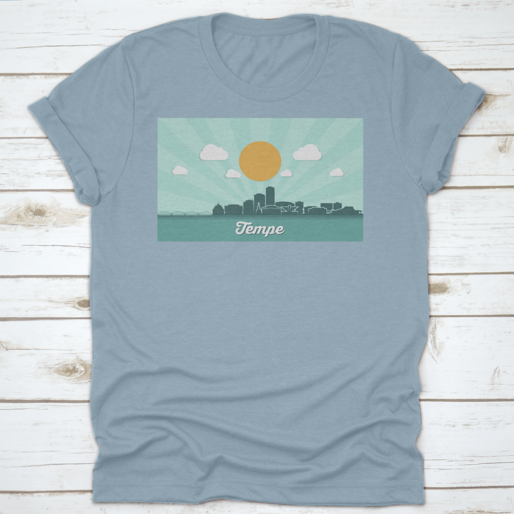 Tempe Skyline t-shirt featuring a classic fit, made from 100% cotton, showcasing the vibrant downtown of Tempe, Arizona.