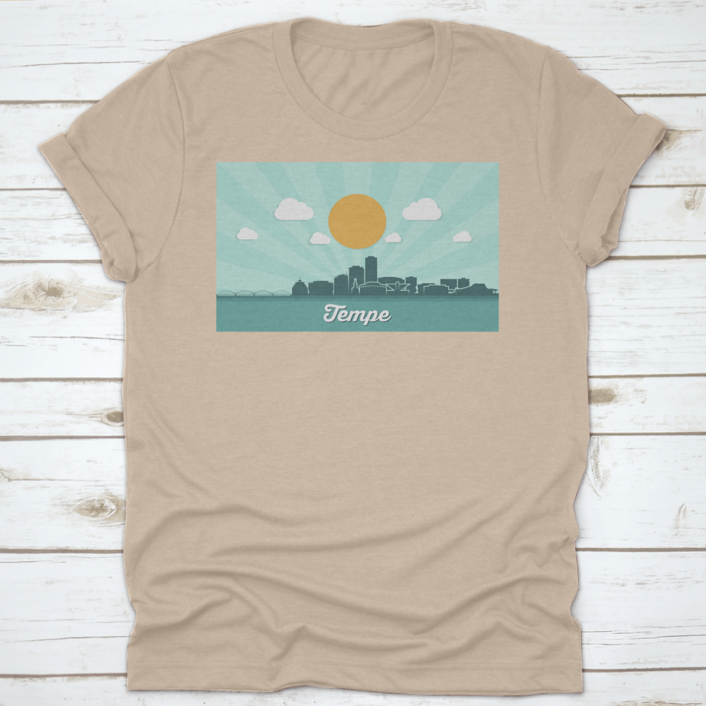 Tempe Skyline t-shirt featuring a classic fit, made from 100% cotton, showcasing the vibrant downtown of Tempe, Arizona.