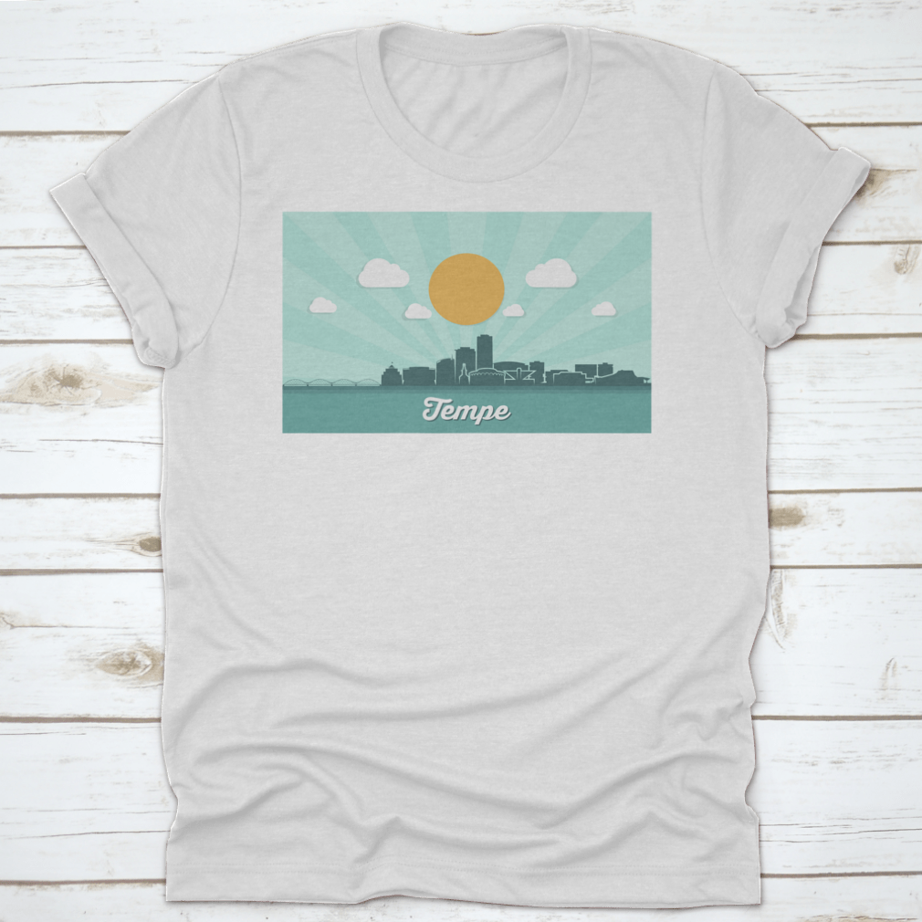 Tempe Skyline t-shirt featuring a classic fit, made from 100% cotton, showcasing the vibrant downtown of Tempe, Arizona.