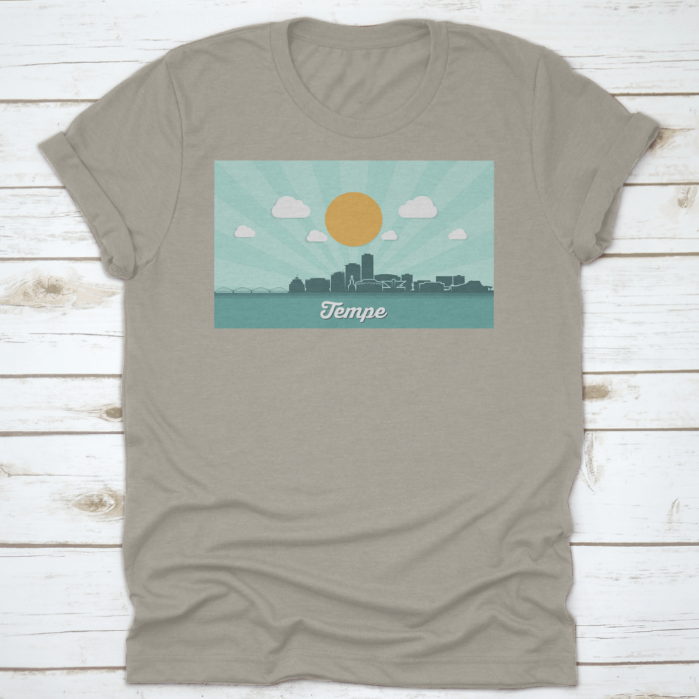 Tempe Skyline t-shirt featuring a classic fit, made from 100% cotton, showcasing the vibrant downtown of Tempe, Arizona.