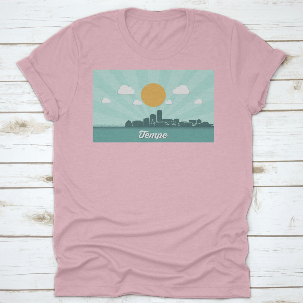 Tempe Skyline t-shirt featuring a classic fit, made from 100% cotton, showcasing the vibrant downtown of Tempe, Arizona.