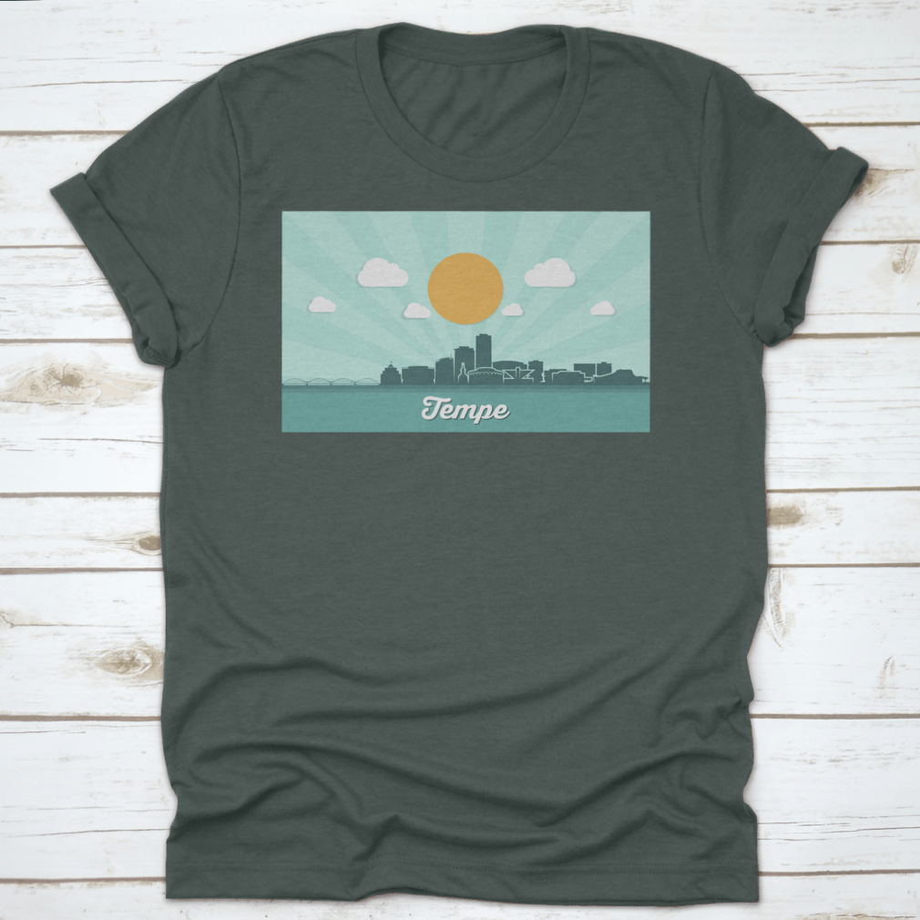 Tempe Skyline t-shirt featuring a classic fit, made from 100% cotton, showcasing the vibrant downtown of Tempe, Arizona.