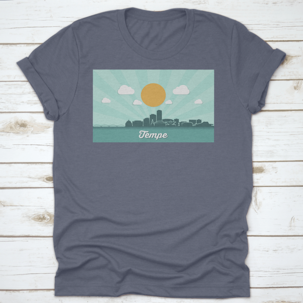 Tempe Skyline t-shirt featuring a classic fit, made from 100% cotton, showcasing the vibrant downtown of Tempe, Arizona.