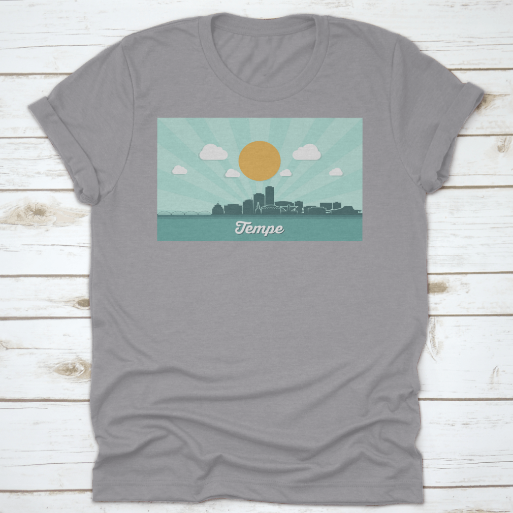 Tempe Skyline t-shirt featuring a classic fit, made from 100% cotton, showcasing the vibrant downtown of Tempe, Arizona.