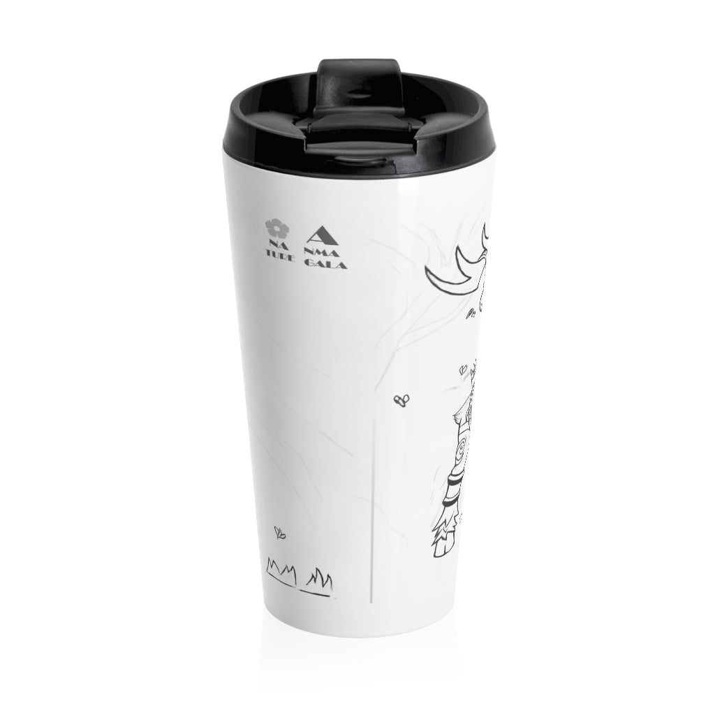 Tempus Guardian of the Harvest Stainless Steel Travel Mug with black lid, showcasing its sleek design and vibrant sublimation print.