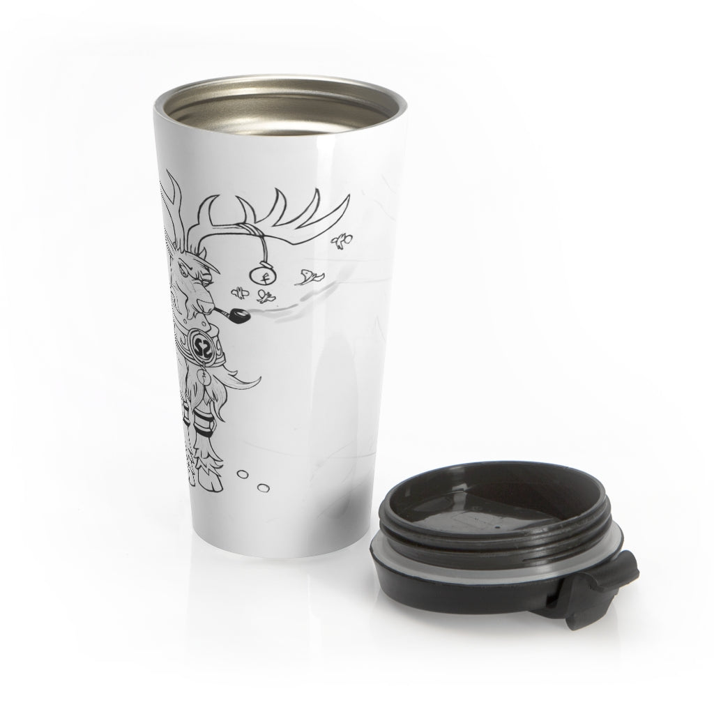 Tempus Guardian of the Harvest Stainless Steel Travel Mug with black lid, showcasing its sleek design and vibrant sublimation print.