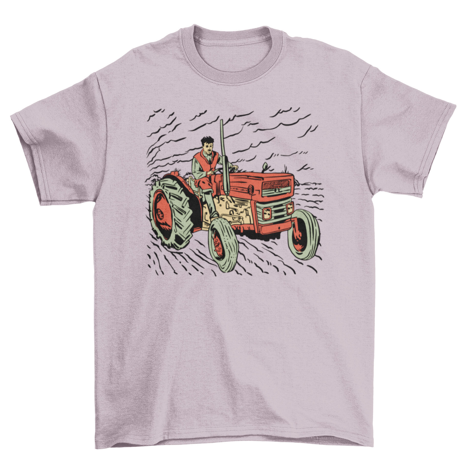 Teenager driving a tractor illustrated in hand-drawn style on a t-shirt.