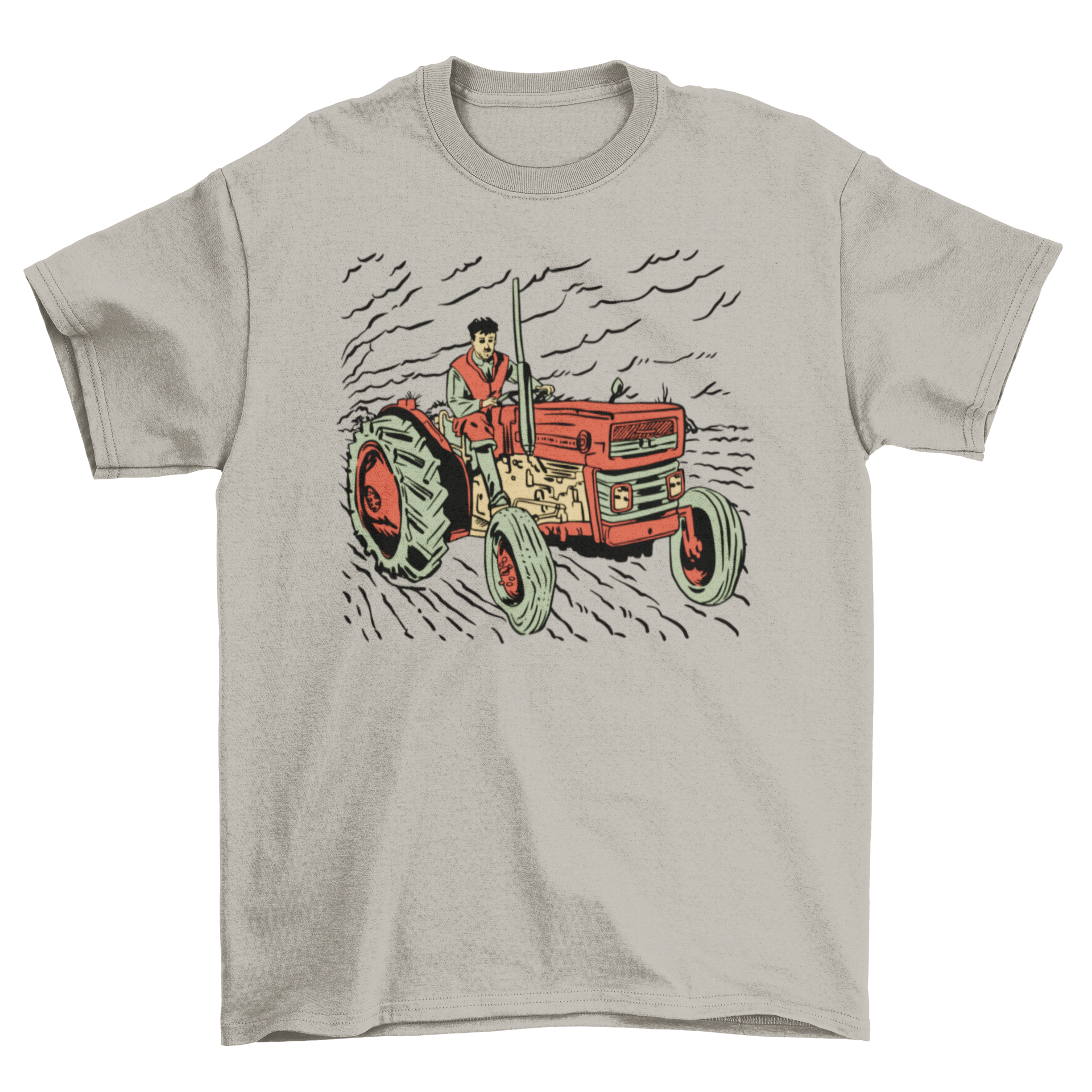 Teenager driving a tractor illustrated in hand-drawn style on a t-shirt.