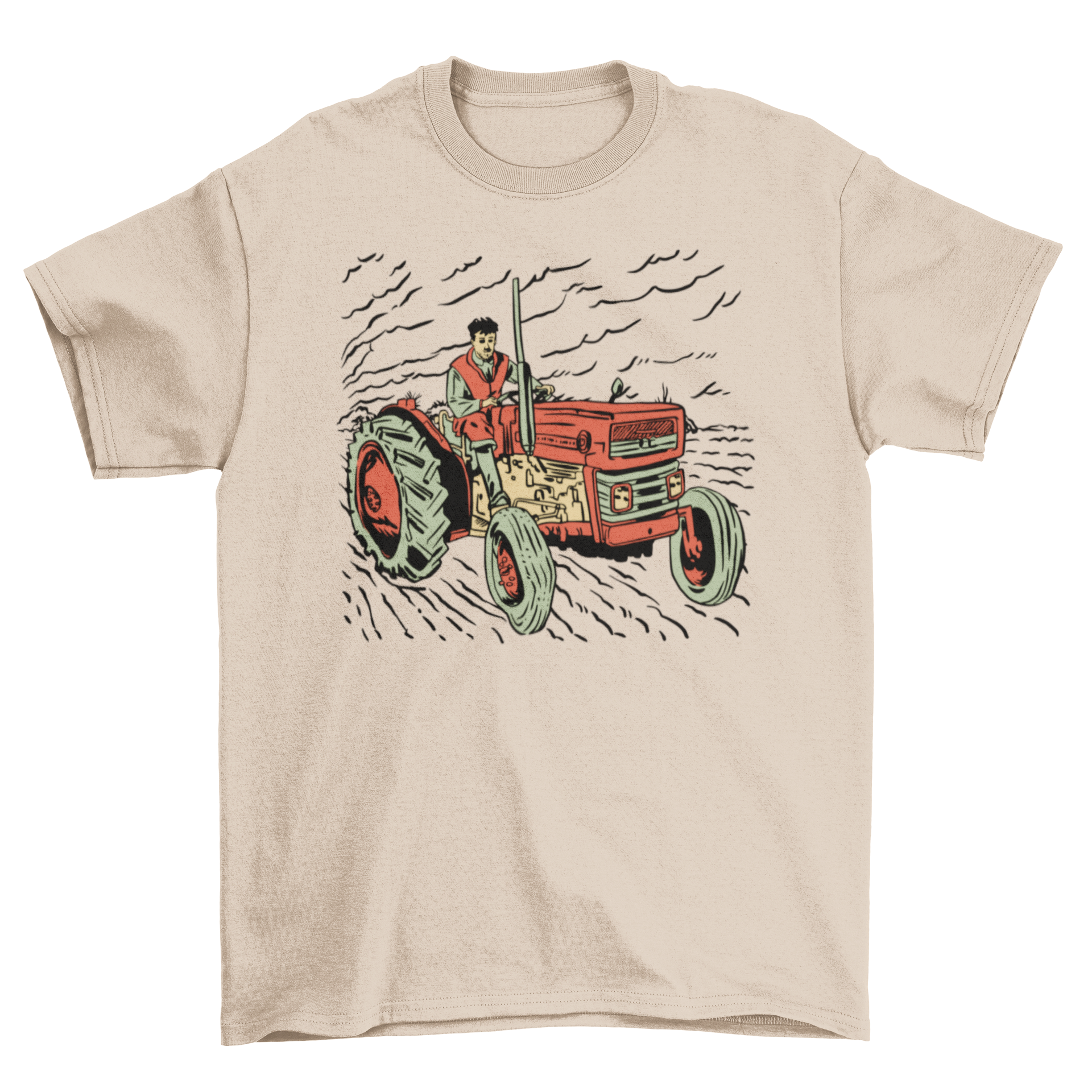 Teenager driving a tractor illustrated in hand-drawn style on a t-shirt.