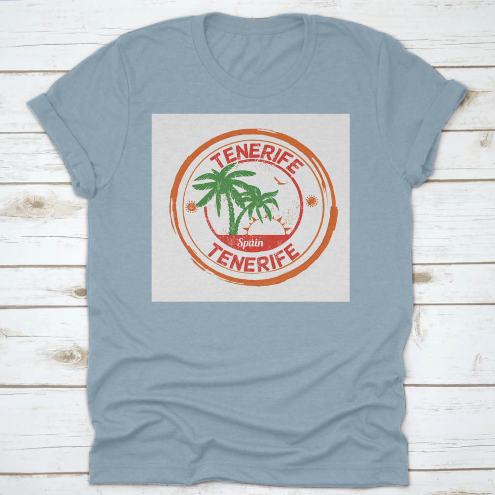 A stylish T-shirt featuring a beautiful sunrise view of Tenerife, showcasing vibrant colors and a comfortable fit.