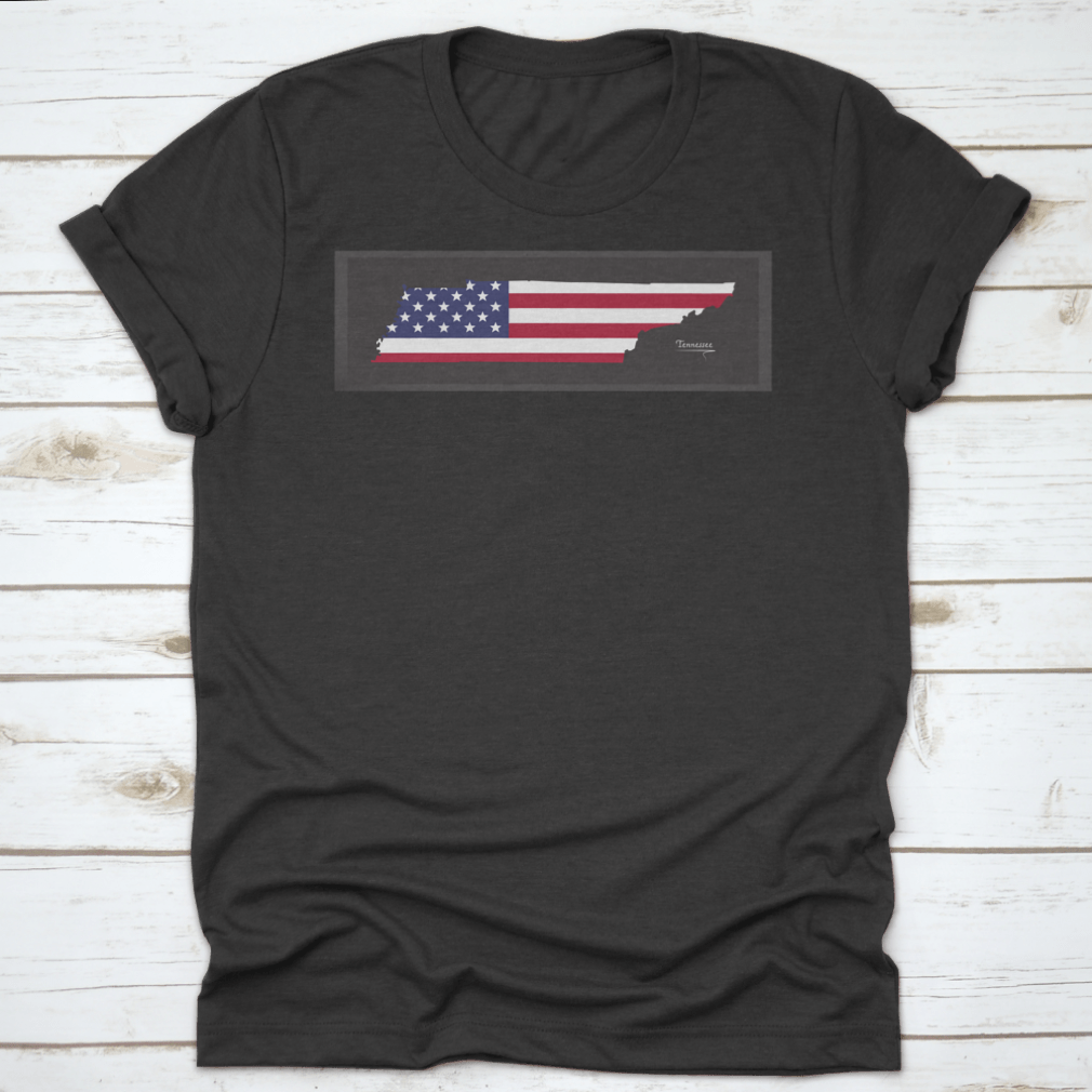 A trendy t-shirt featuring a Tennessee map design with the American national flag illustration, showcasing vibrant colors and a classic fit.