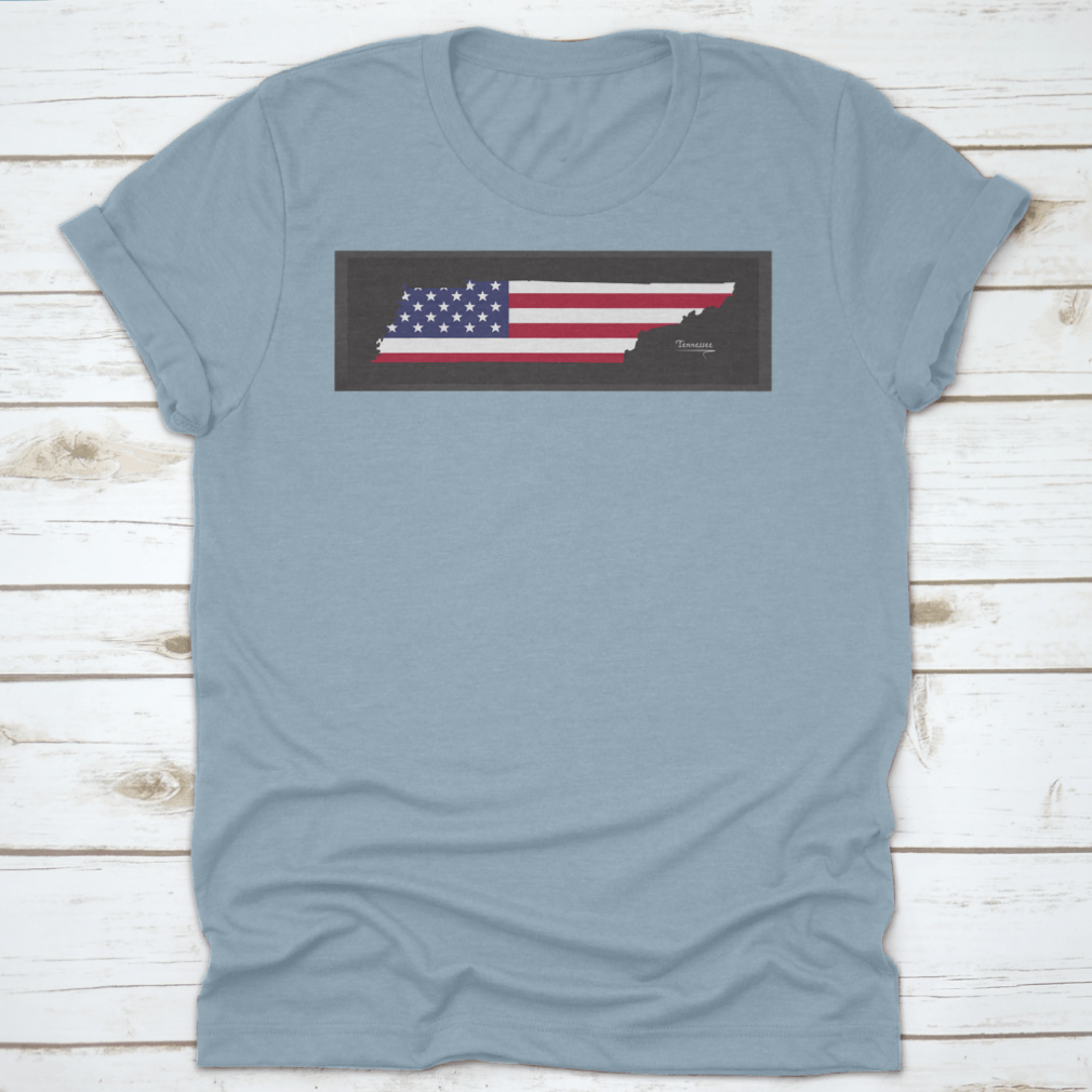 A trendy t-shirt featuring a Tennessee map design with the American national flag illustration, showcasing vibrant colors and a classic fit.