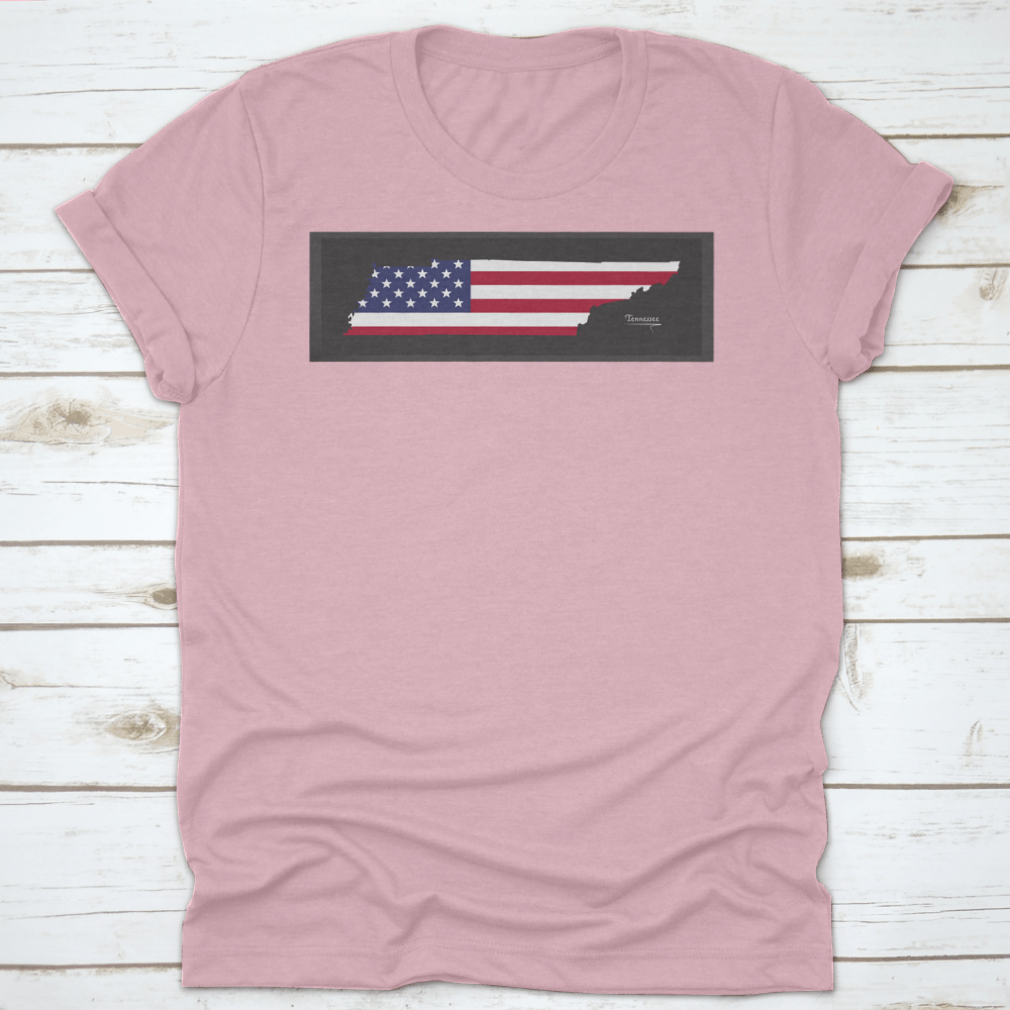 A trendy t-shirt featuring a Tennessee map design with the American national flag illustration, showcasing vibrant colors and a classic fit.