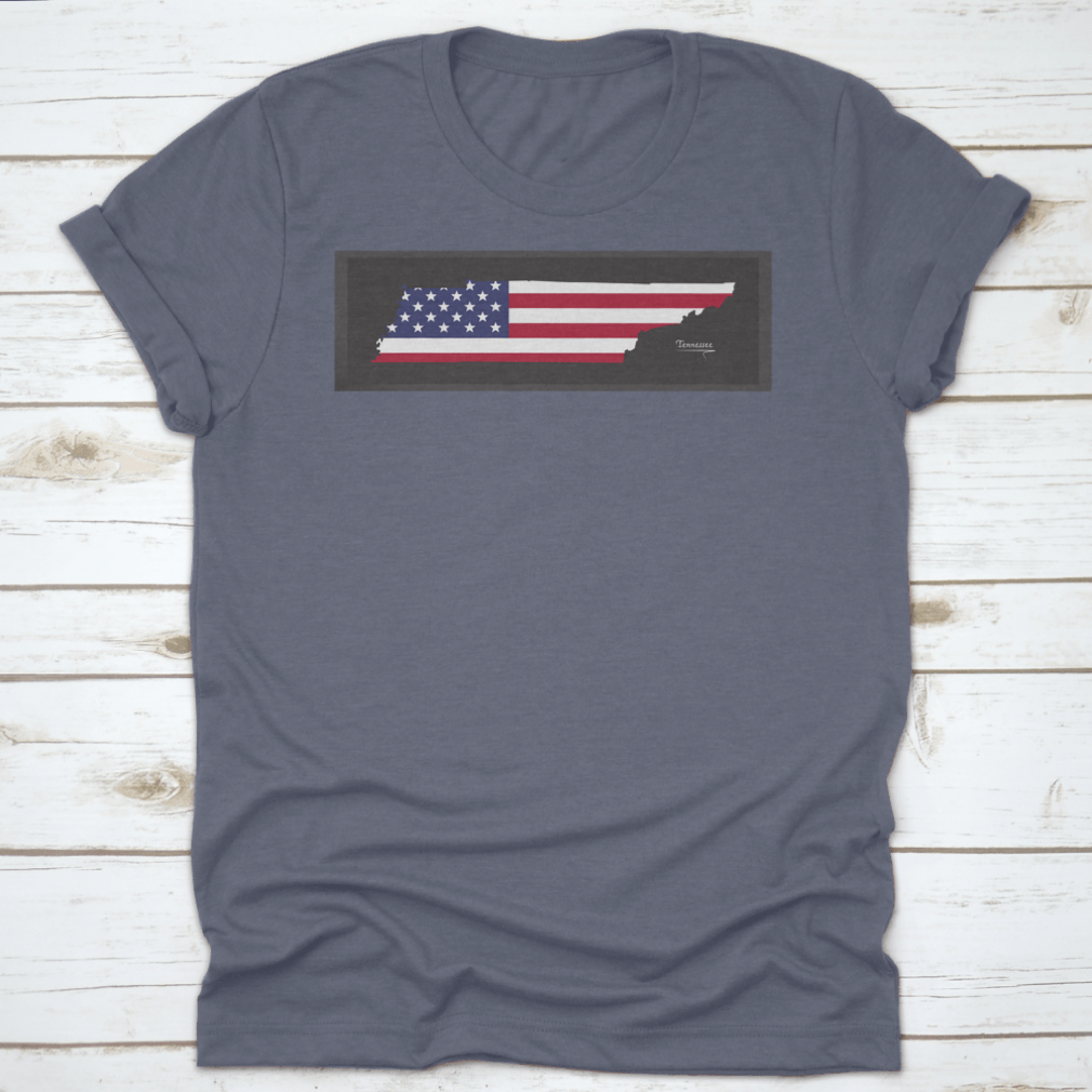 A trendy t-shirt featuring a Tennessee map design with the American national flag illustration, showcasing vibrant colors and a classic fit.