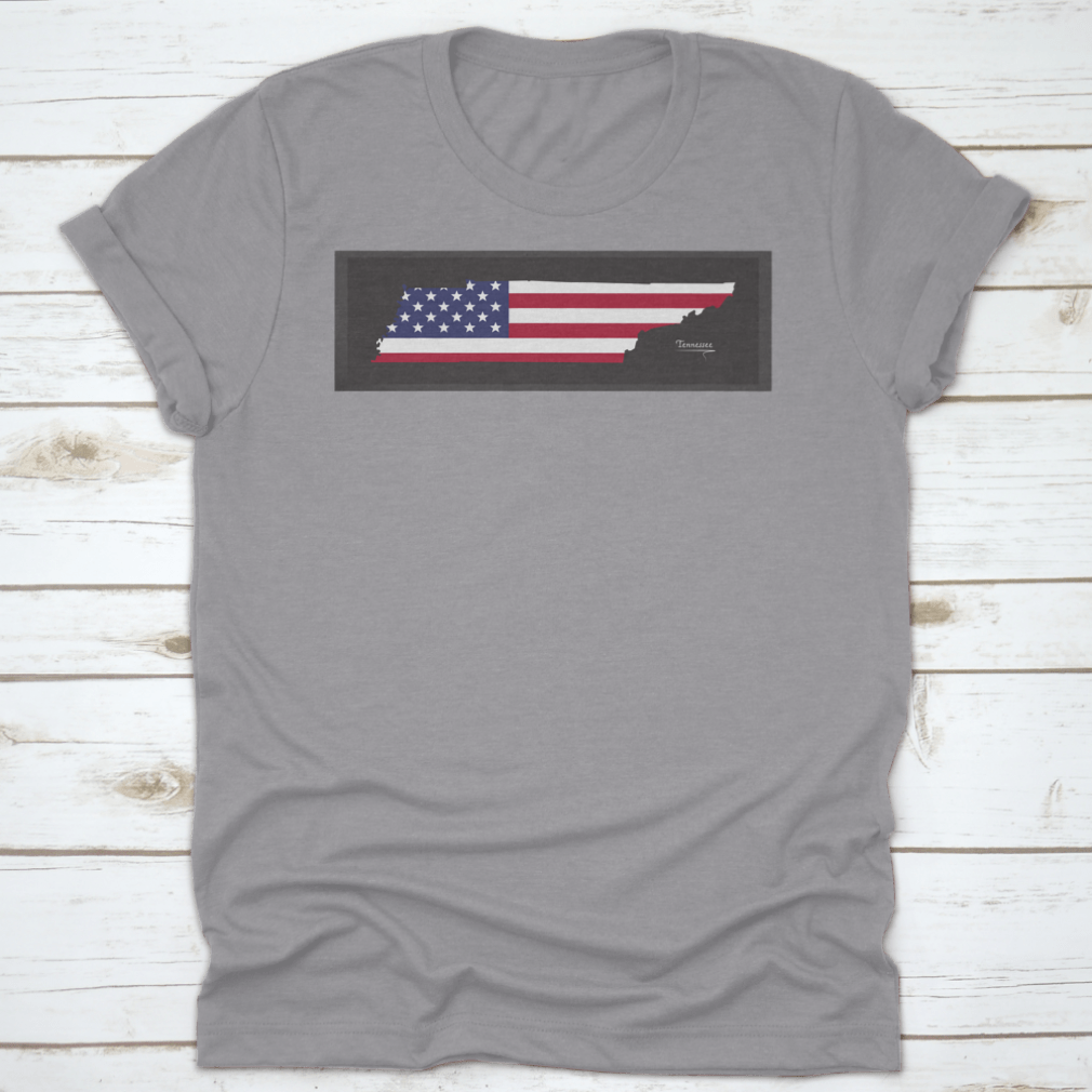 A trendy t-shirt featuring a Tennessee map design with the American national flag illustration, showcasing vibrant colors and a classic fit.