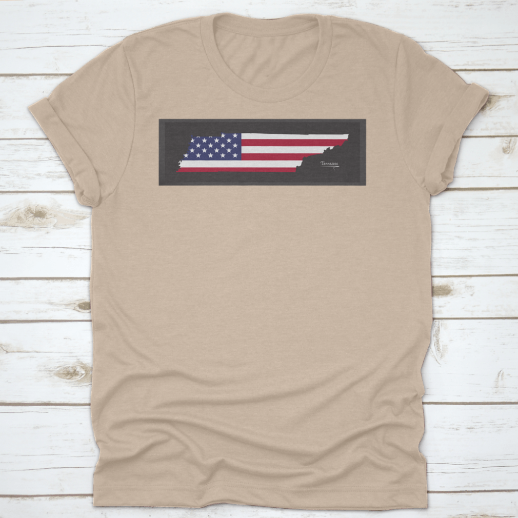 A trendy t-shirt featuring a Tennessee map design with the American national flag illustration, showcasing vibrant colors and a classic fit.