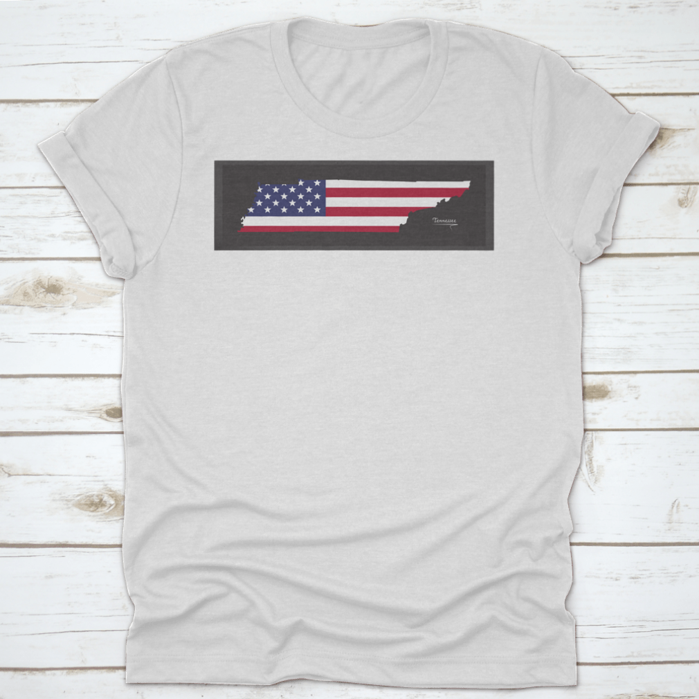 A trendy t-shirt featuring a Tennessee map design with the American national flag illustration, showcasing vibrant colors and a classic fit.