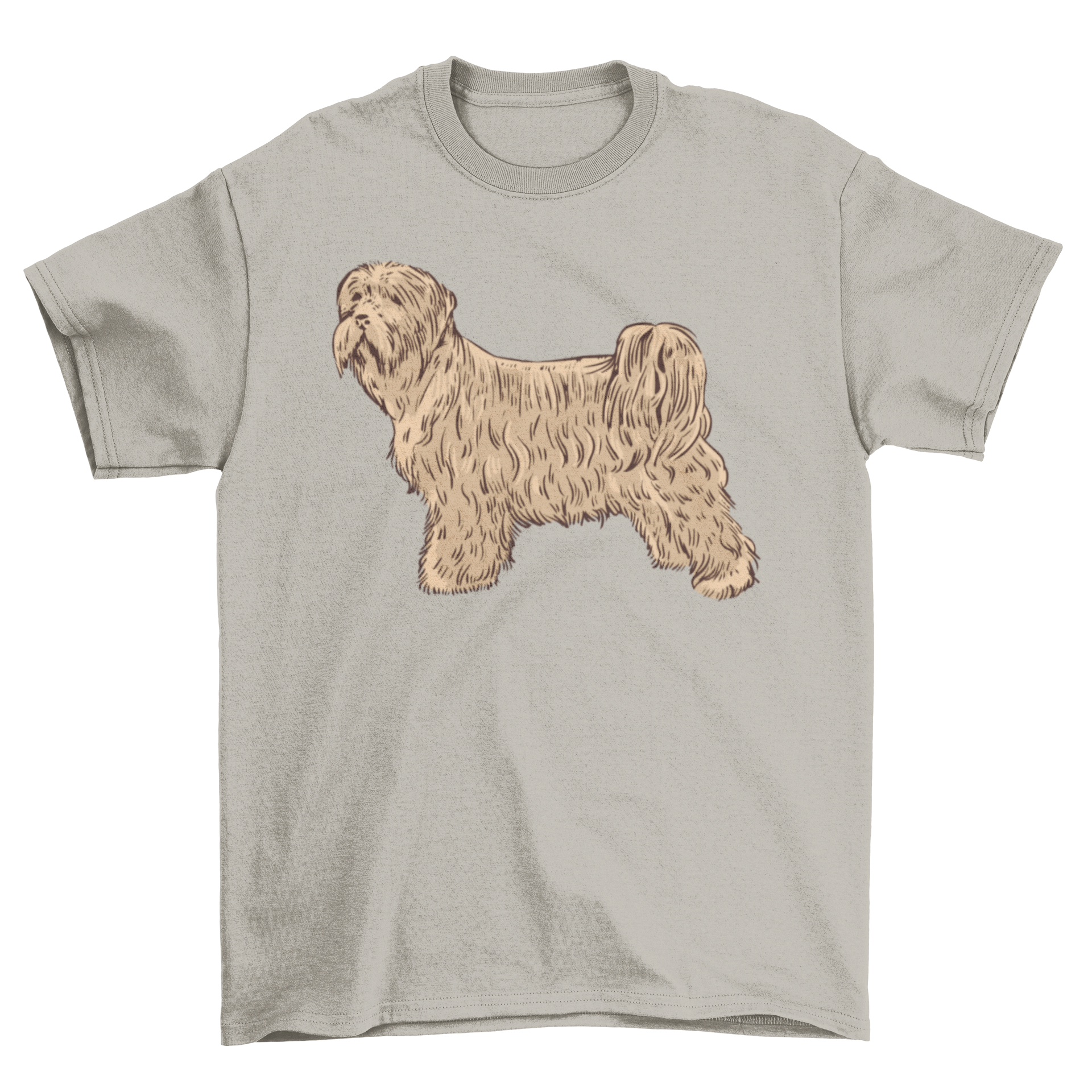 A cute hand-drawn illustration of a hairy terrier dog on a stylish t-shirt.