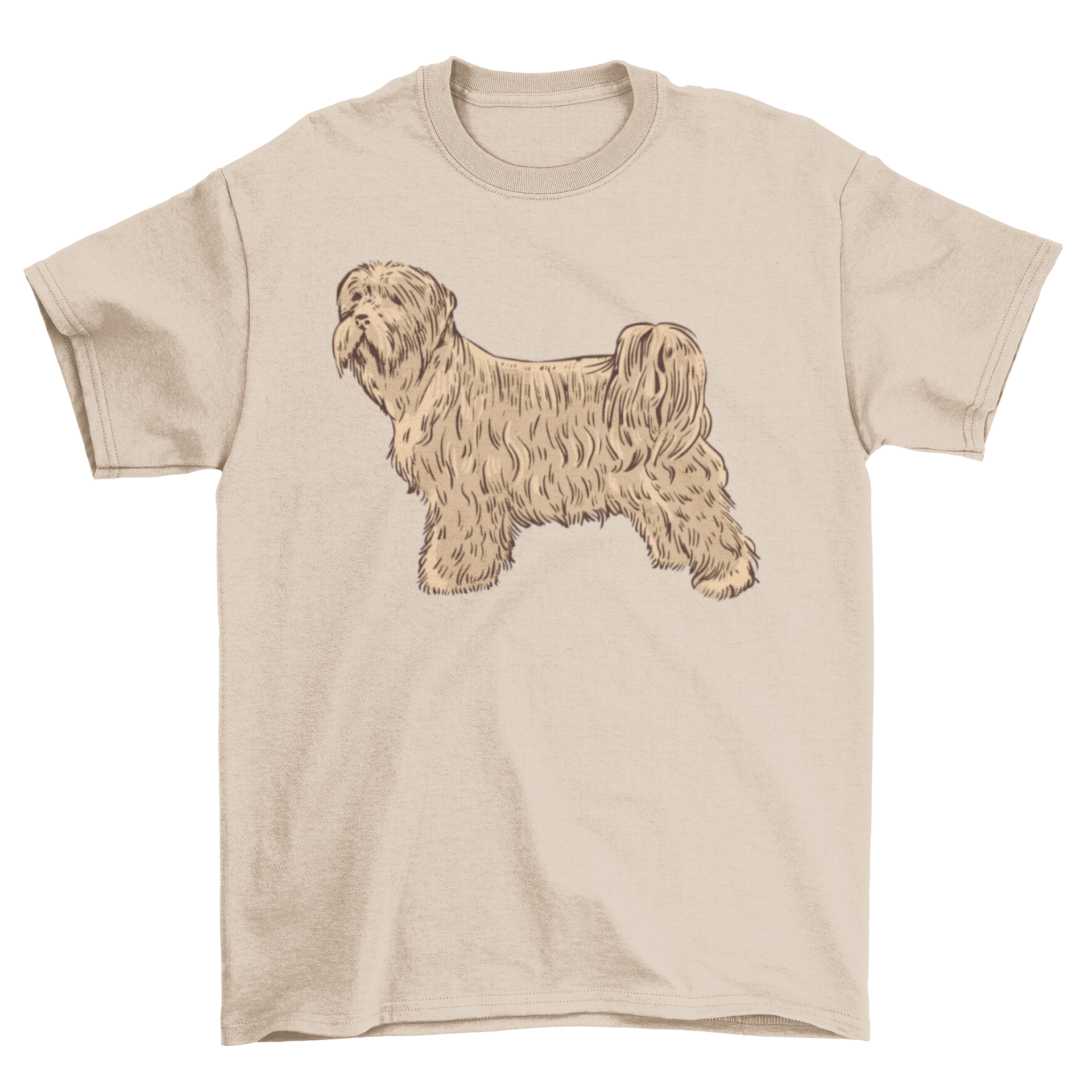 A cute hand-drawn illustration of a hairy terrier dog on a stylish t-shirt.