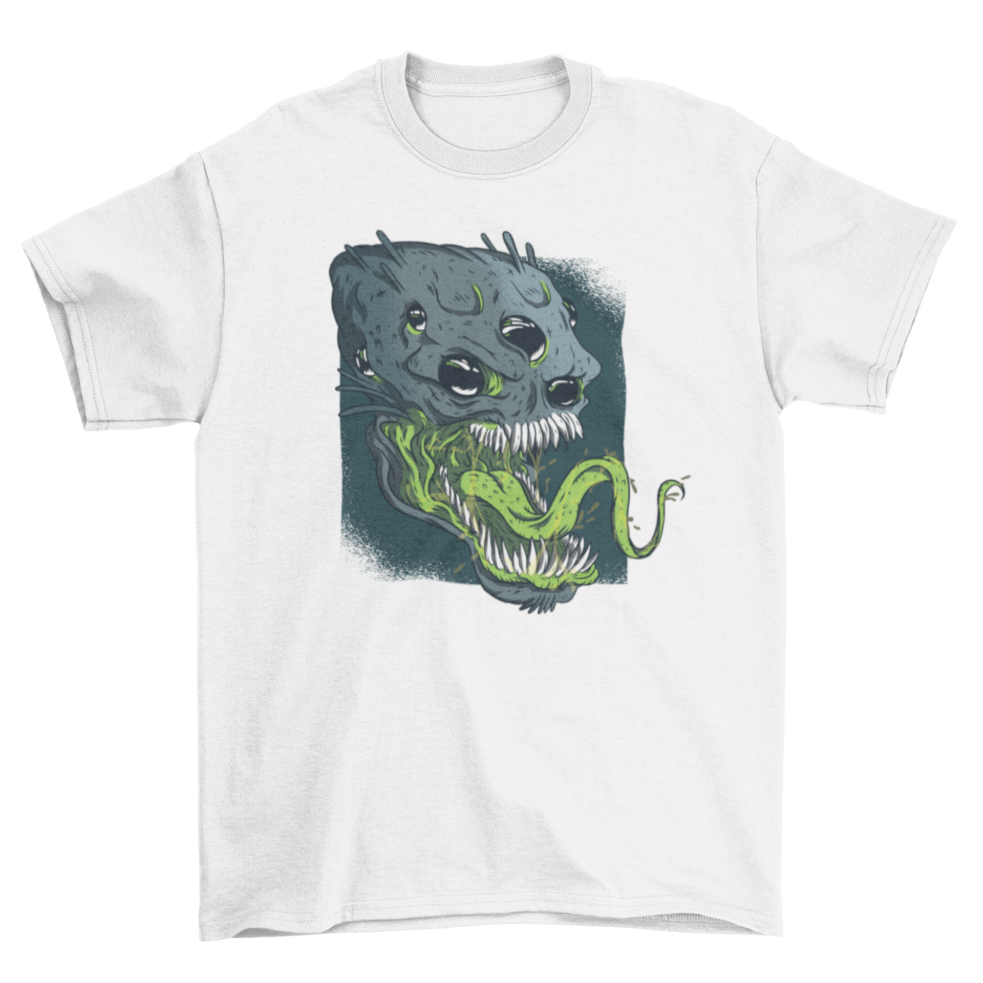 A terrifying alien t-shirt design featuring a detailed alien head with multiple eyes, sharp teeth, and a long tongue, perfect for sci-fi fans.