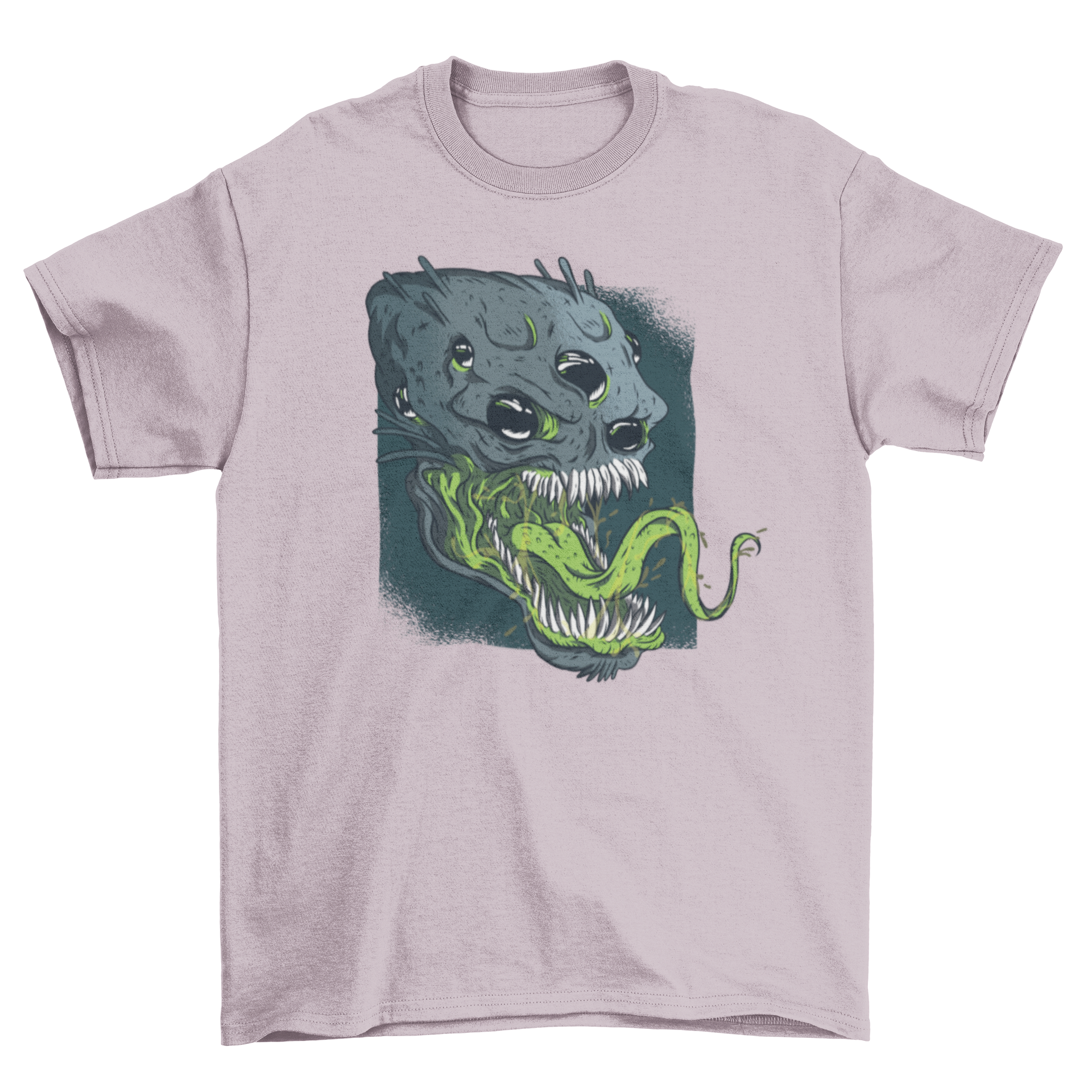 A terrifying alien t-shirt design featuring a detailed alien head with multiple eyes, sharp teeth, and a long tongue, perfect for sci-fi fans.