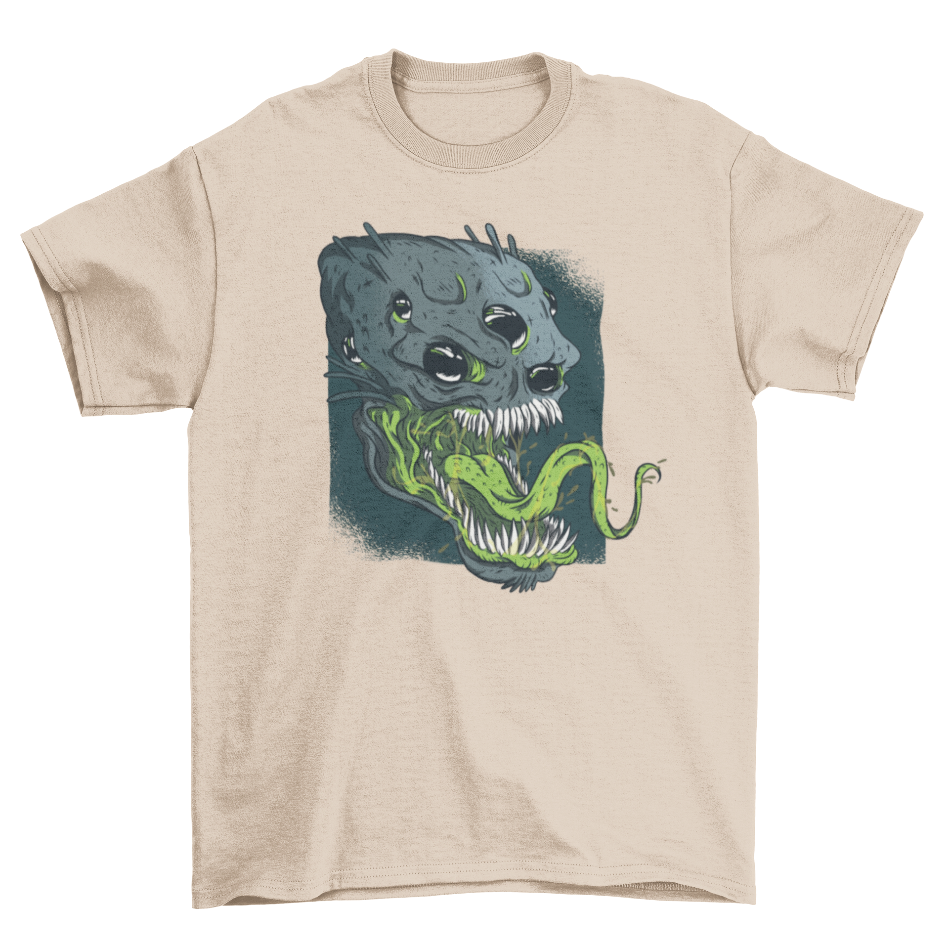 A terrifying alien t-shirt design featuring a detailed alien head with multiple eyes, sharp teeth, and a long tongue, perfect for sci-fi fans.