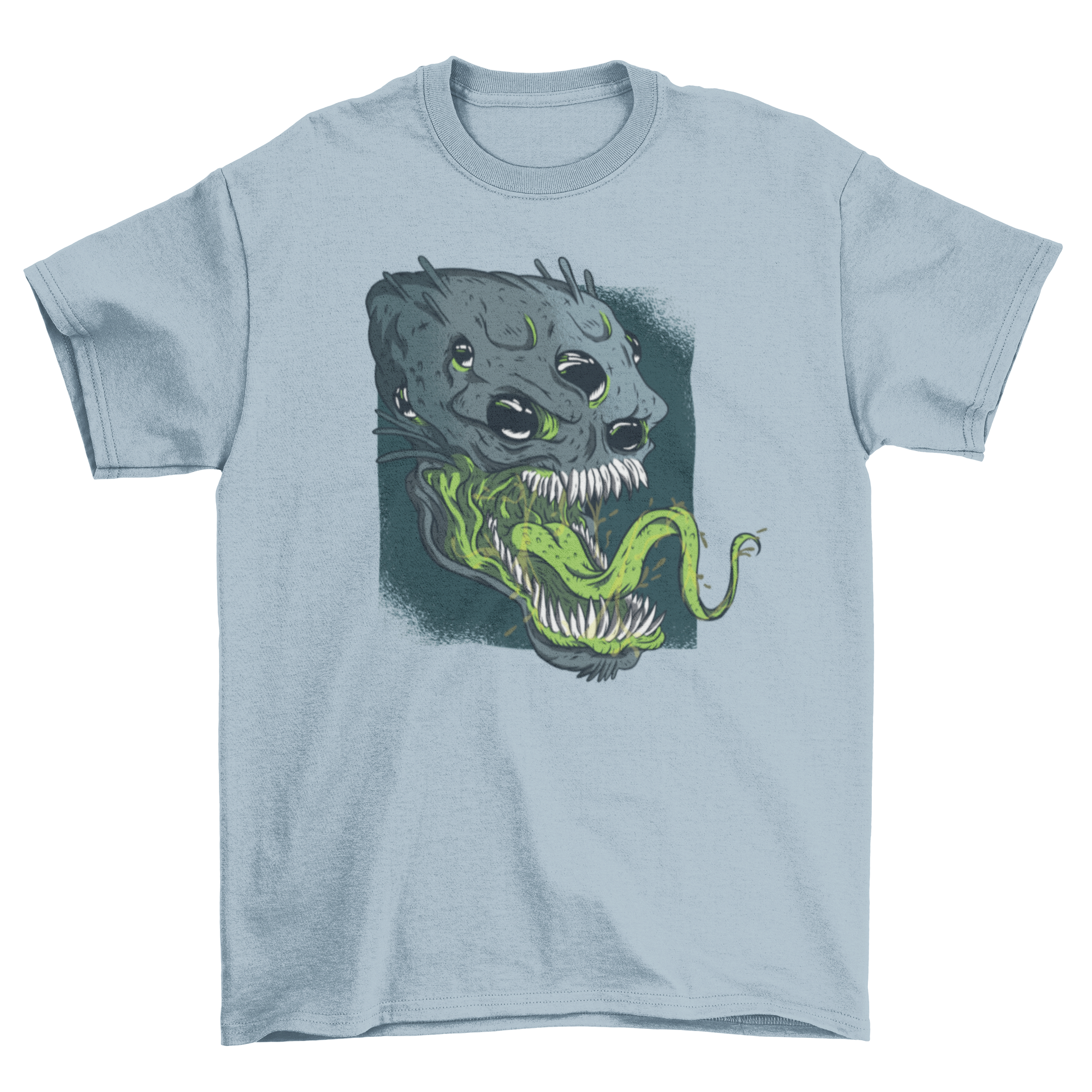 A terrifying alien t-shirt design featuring a detailed alien head with multiple eyes, sharp teeth, and a long tongue, perfect for sci-fi fans.