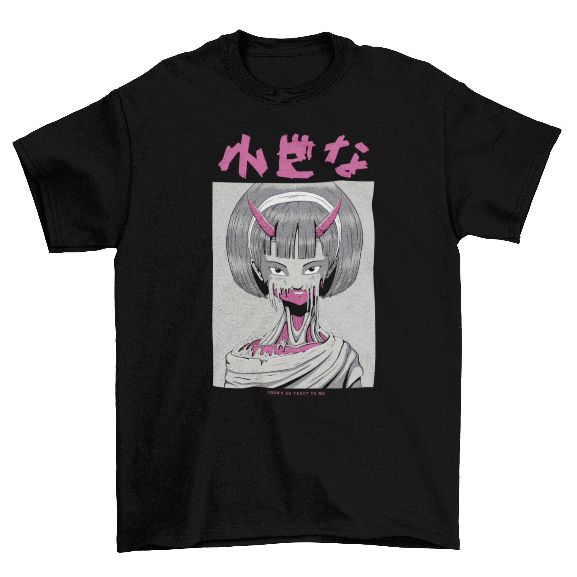 Terrifying Japanese dark creepy anime monster girl t-shirt design featuring intricate details and vibrant colors.