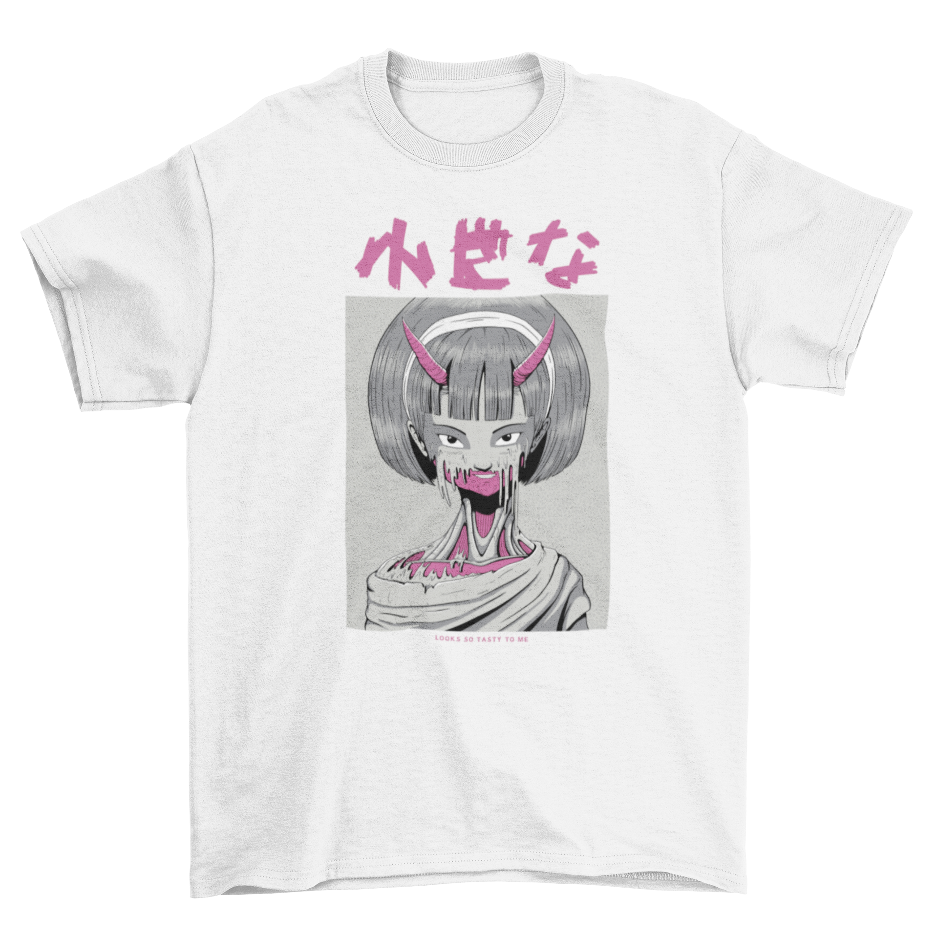 Terrifying Japanese dark creepy anime monster girl t-shirt design featuring intricate details and vibrant colors.