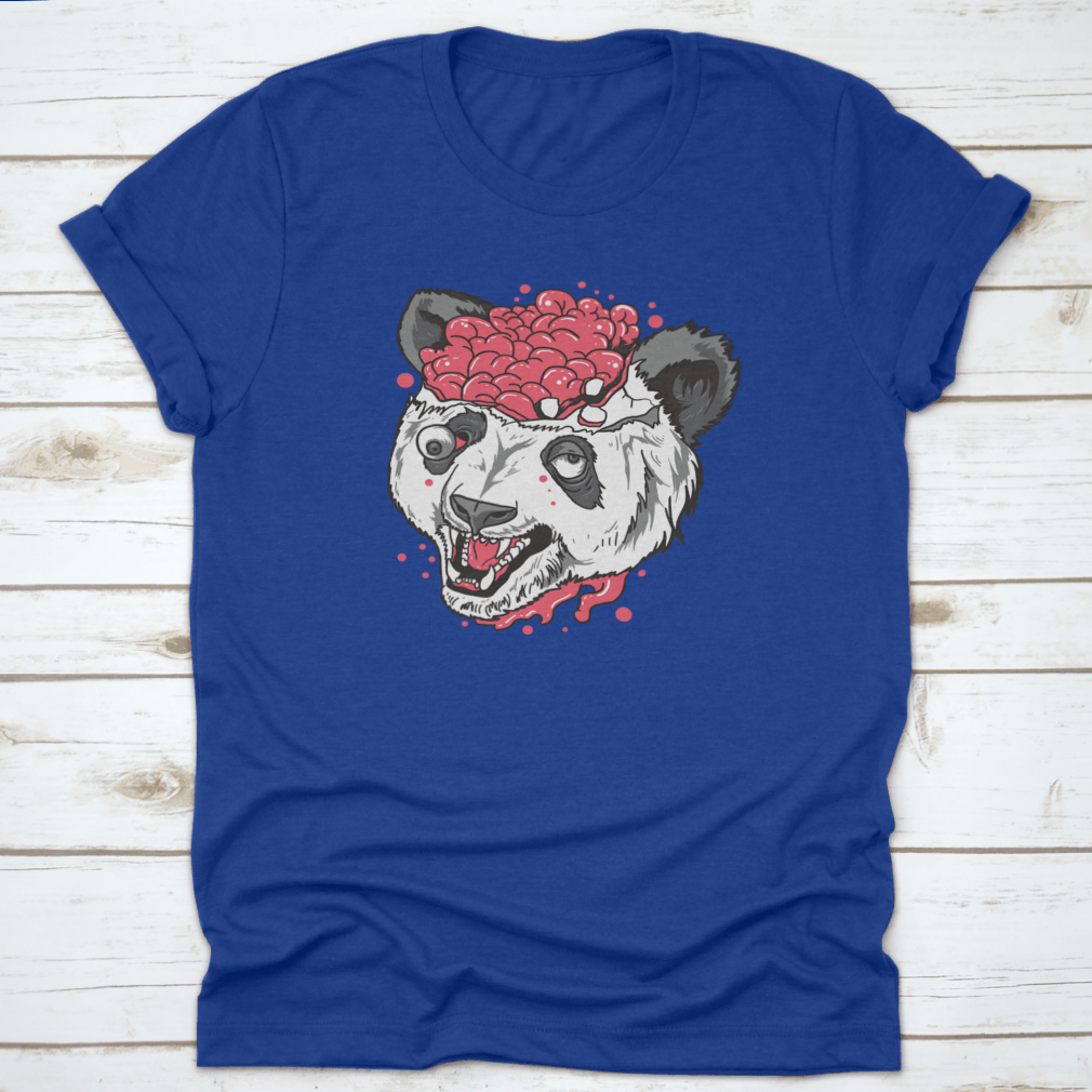 A unique t-shirt featuring a terrifying panda design with a brain bursting out, made from 100% cotton.