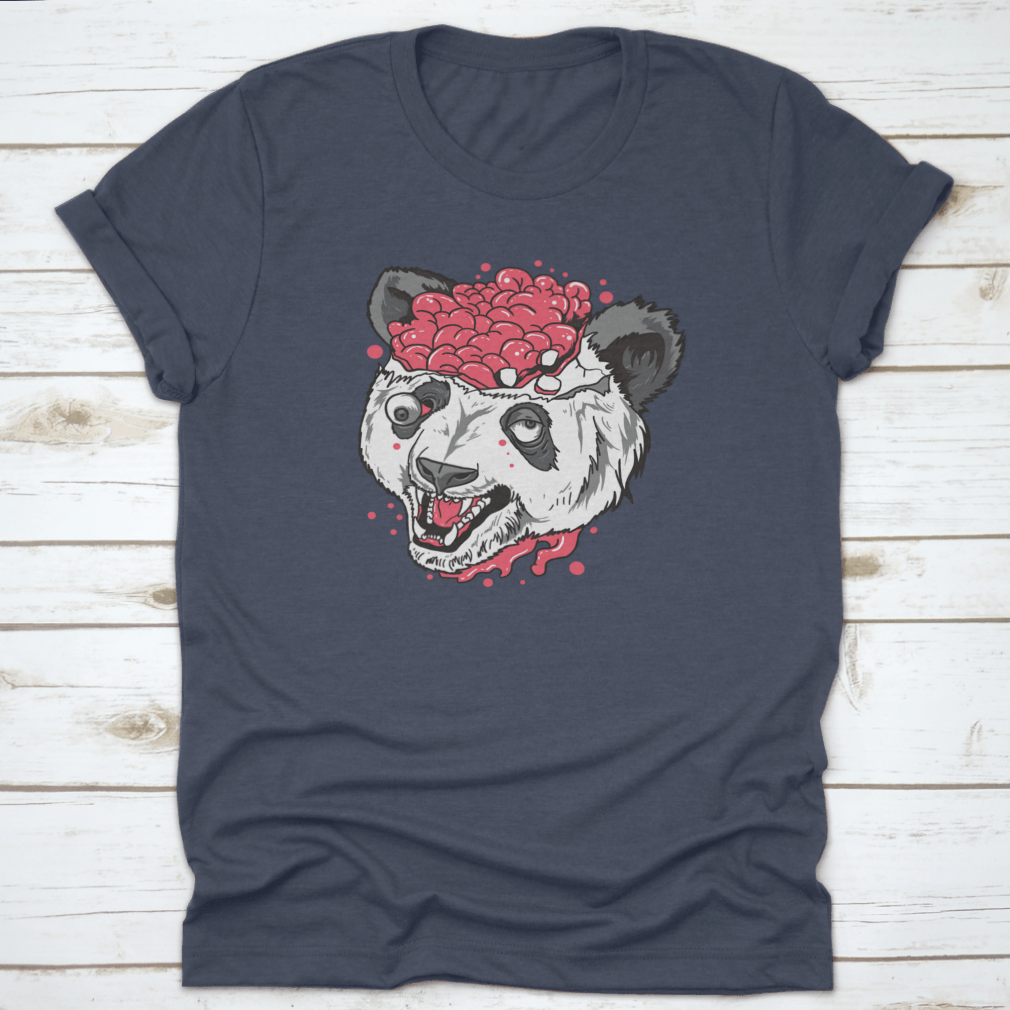 A unique t-shirt featuring a terrifying panda design with a brain bursting out, made from 100% cotton.