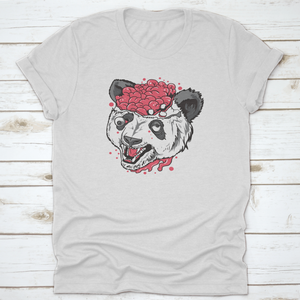 A unique t-shirt featuring a terrifying panda design with a brain bursting out, made from 100% cotton.