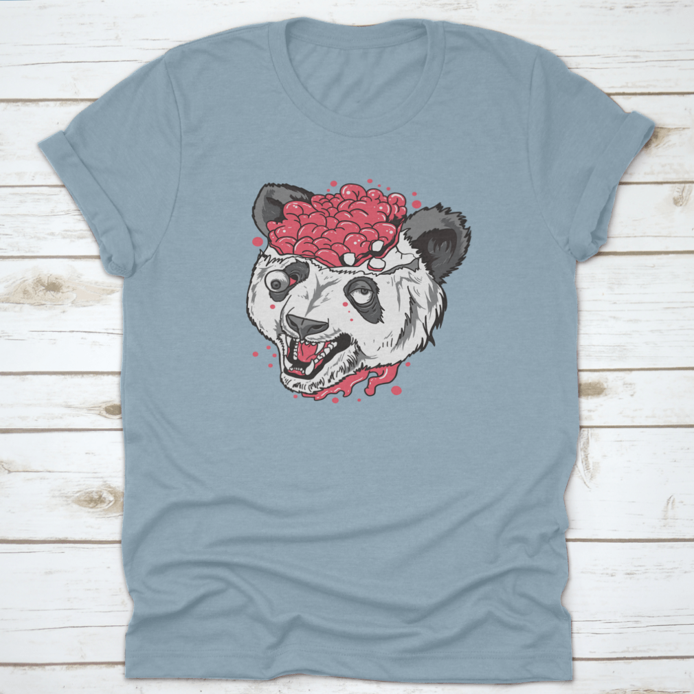 A unique t-shirt featuring a terrifying panda design with a brain bursting out, made from 100% cotton.